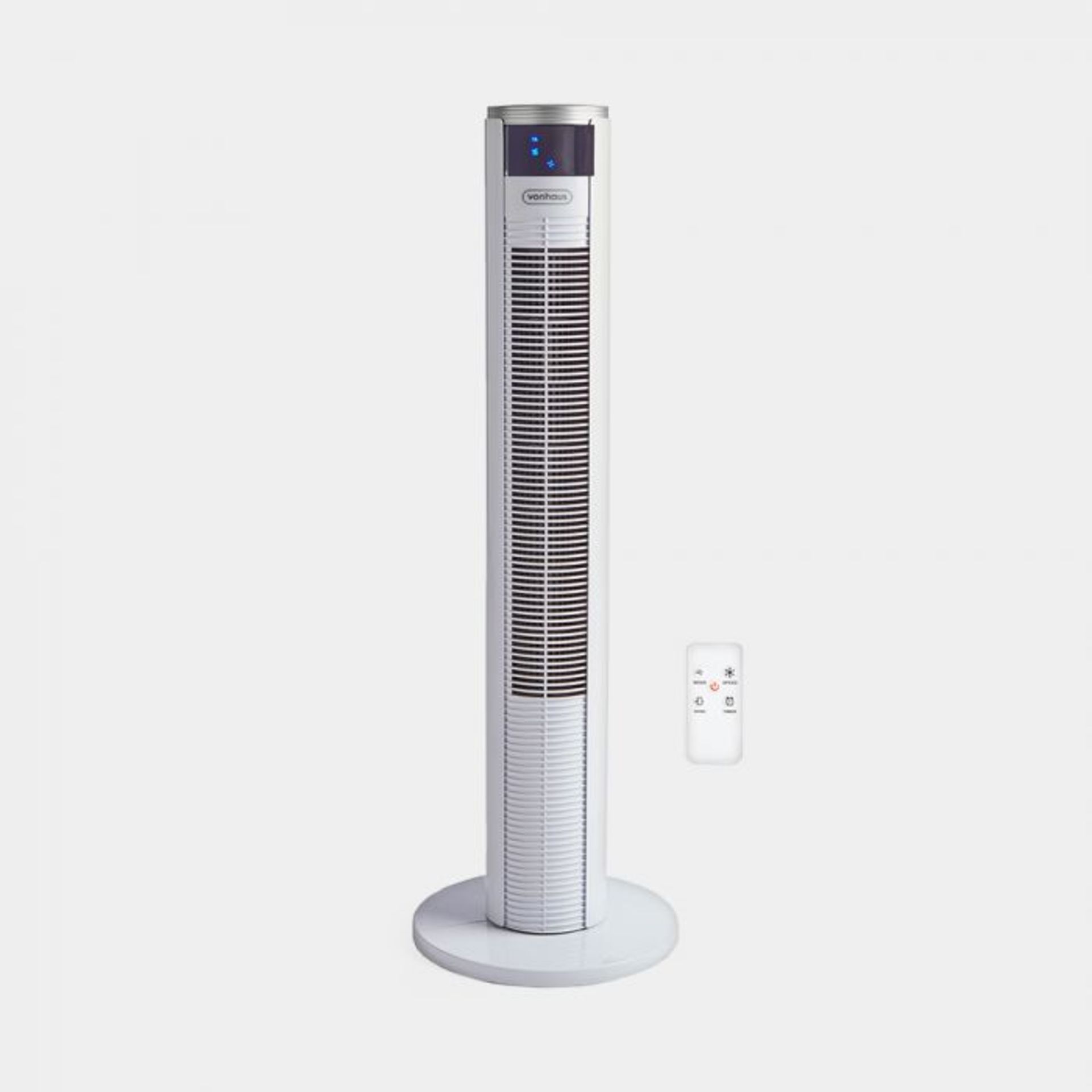 White 35" Tower Fan. Ideal for home offices, this 35” fan includes 3 speed settings and 3 breeze