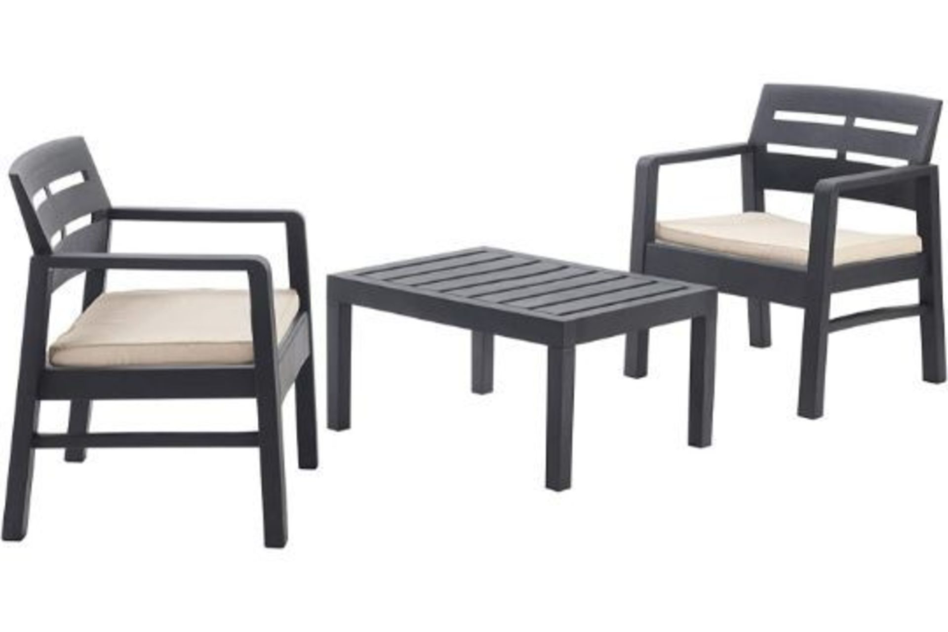 BRAND NEW IPAE WOOD GRAIN EFFECT GARDEN FURNITURE SET WITH TABLE AND 2 LARGE ARM CHAIRS PATIO SET