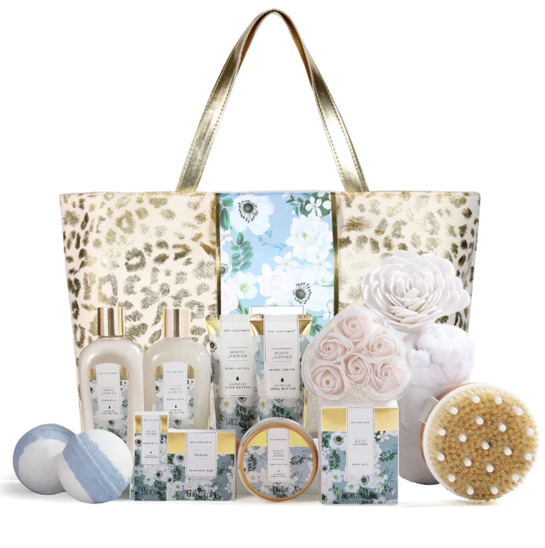 PALLET TO CONTAIN 60 X NEW PACKAGED Spa Luxetique White Jasmine Fashion Bath Set Tote. (spa-bp-03-