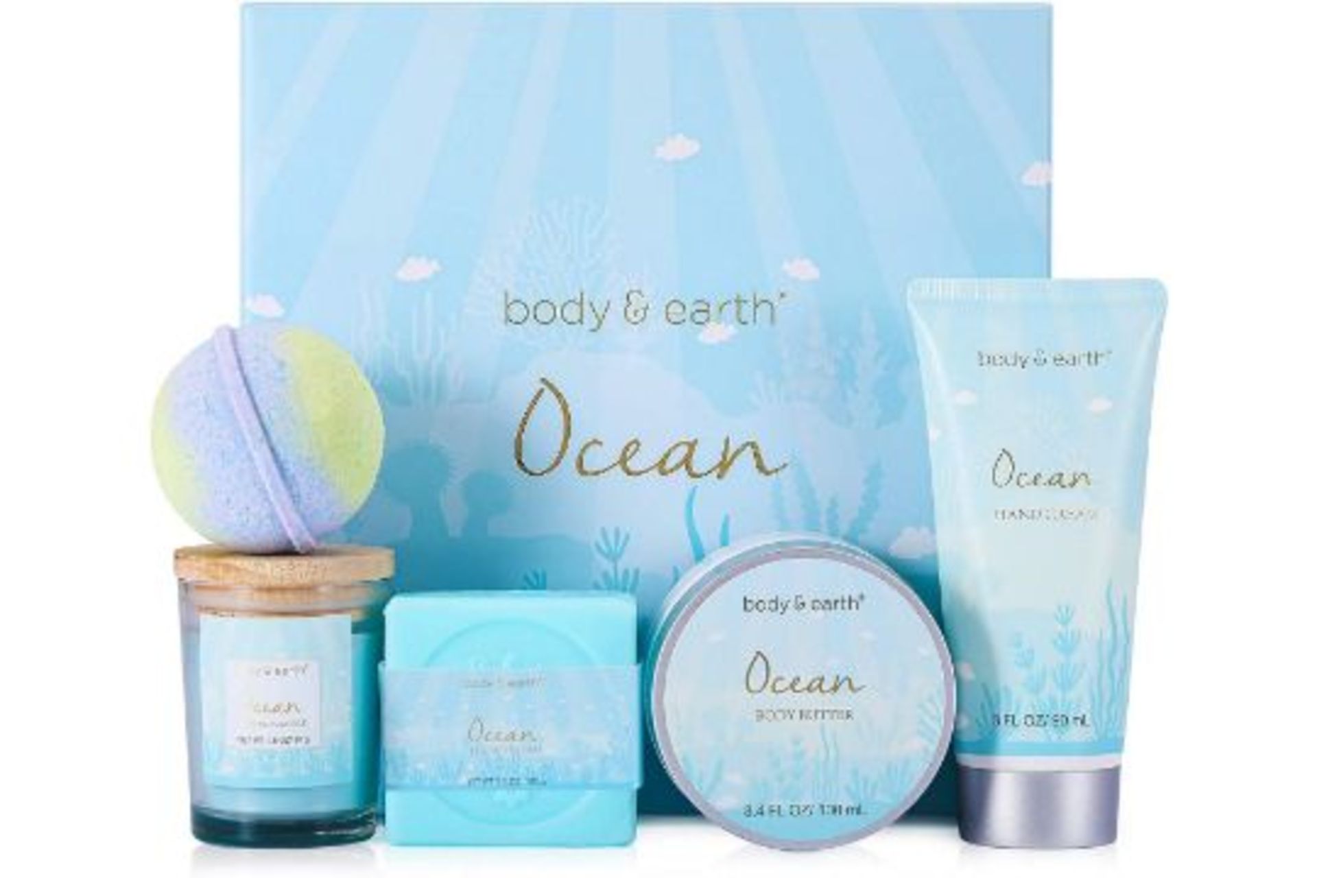 PALLET TO CONTAIN 120 x NEW BOXED BODY & EARTH OCEAN 5 PIECE GIFT SETS. EACH SET INCLUDES: BATH