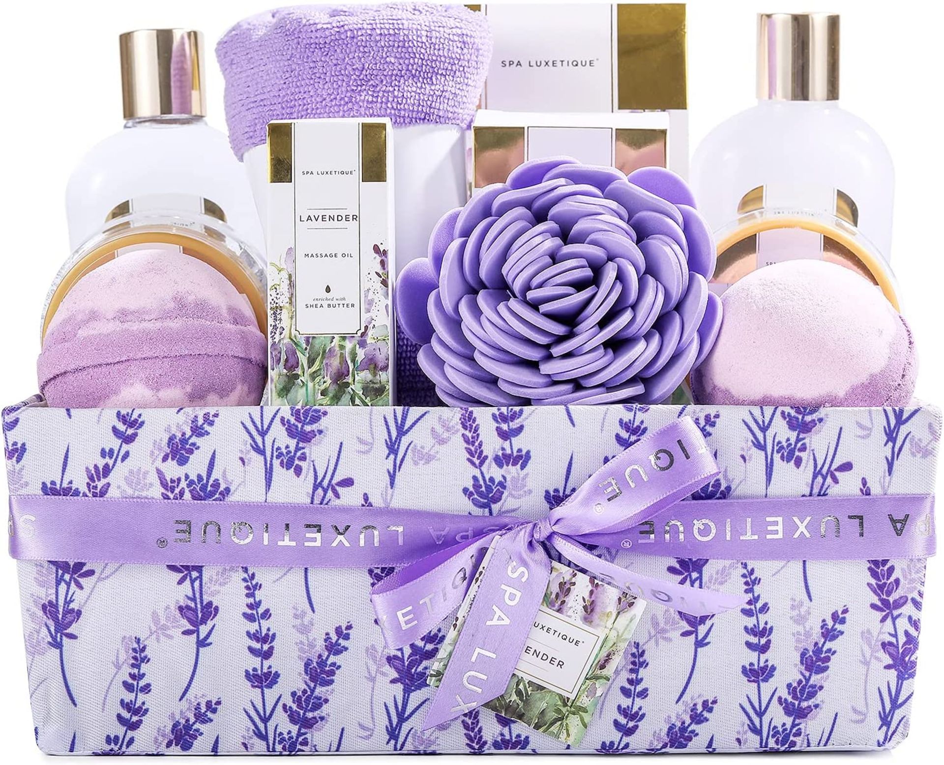 PALLET TO CONTAIN 24 X NEW PACKAGED 12 Piece Lavender Bath & Shower Gift Basket. (SKU:SPA-3-LAV).