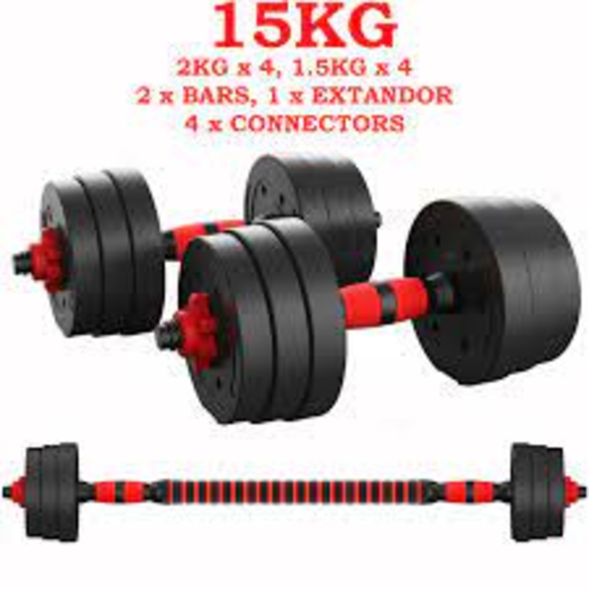 3 X NEW BOXED SETS OF 15KG BARBELL/DUMBELL SETS. RRP £100 EACH. R3