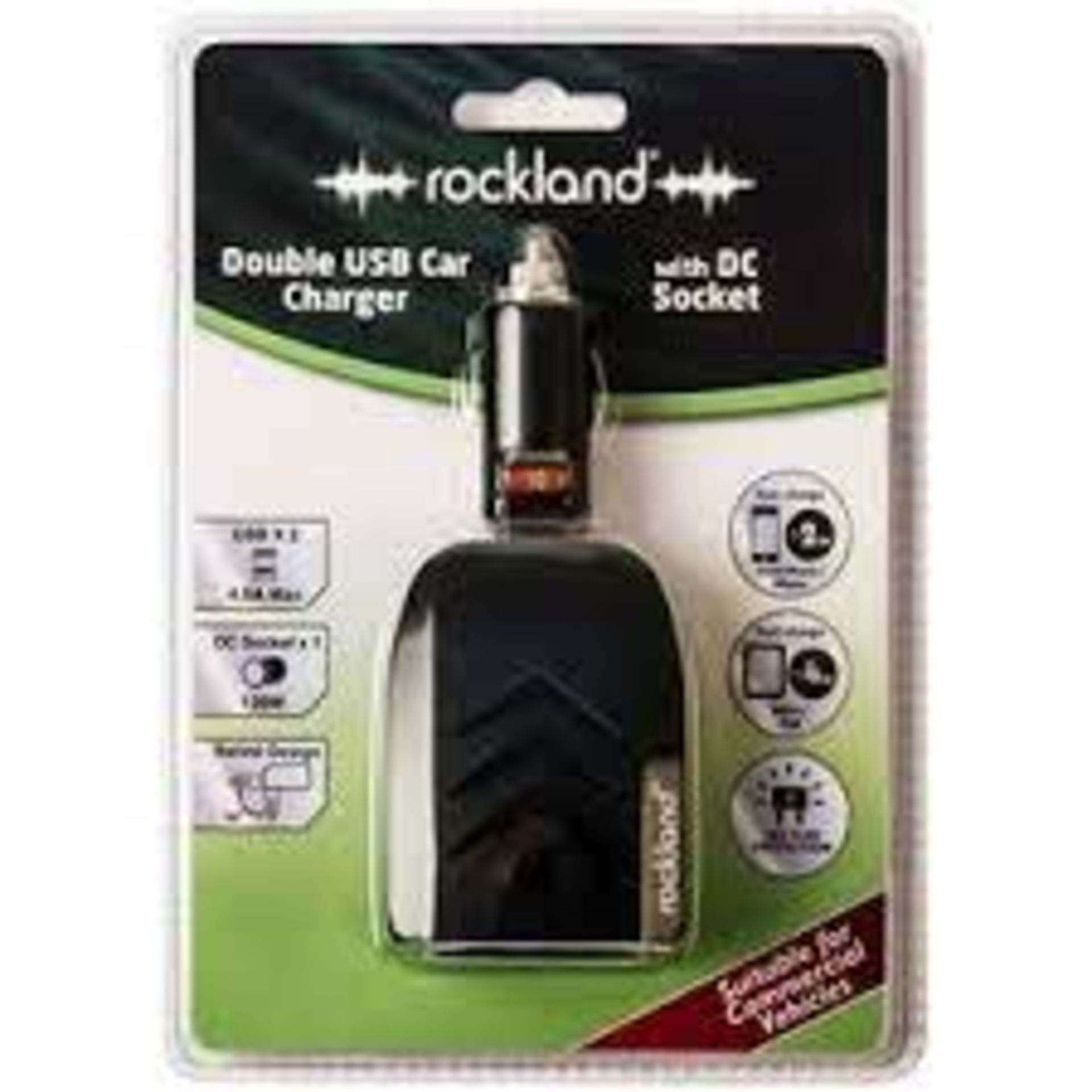 PALLET TO CONTAIN 256 X NEW PACKAGED ROCKLAND DOUBLE USB CAR CHARGER WITH DC SOCKET. RRP £15 EACH.