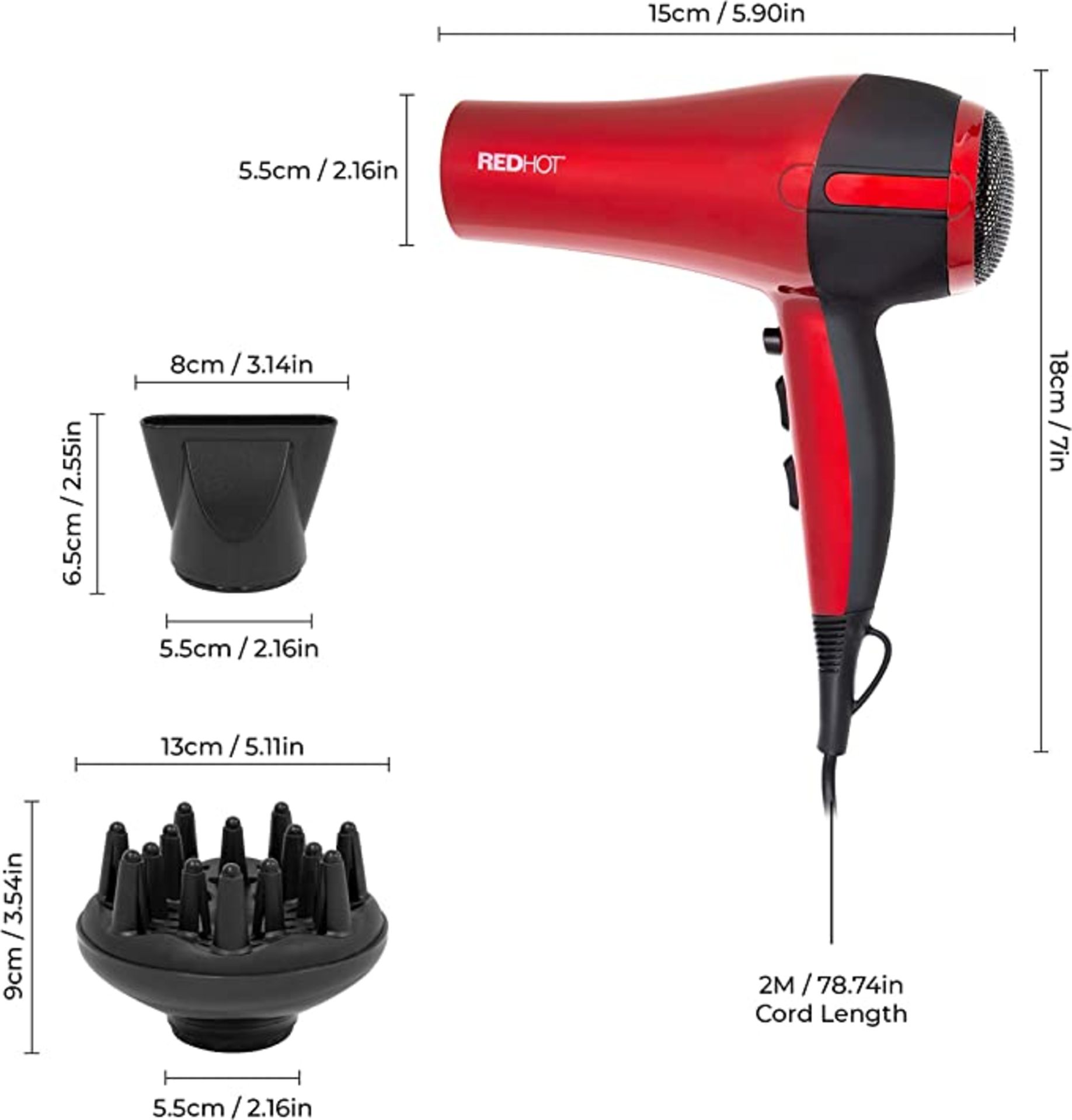 Red Hot 37010 2200W Professional Hair Dryer Dual Styling Options / 3 Heat Settings, 2 Speed Settings
