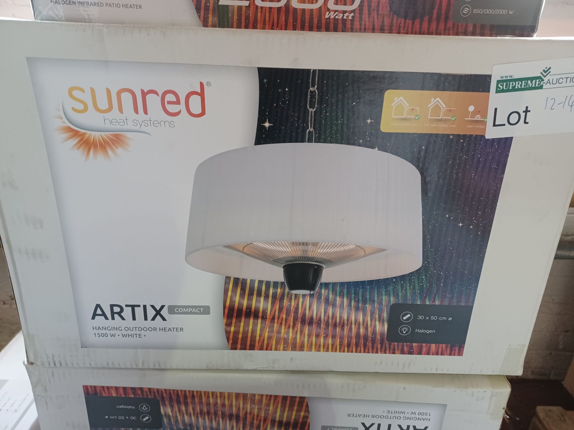 NEW BOXED SUNRED HEAT SYSTEMS ARTIX COMPACT HANGING OURDOOR HEATER. 1500W. WHITE. ROW 15 B/W