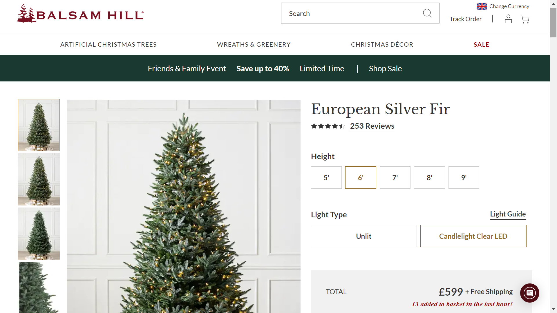 BH (The worlds leading Christmas Tree Brand) European Silver Fir 6' Tree with LED Clear Lights - Image 2 of 2