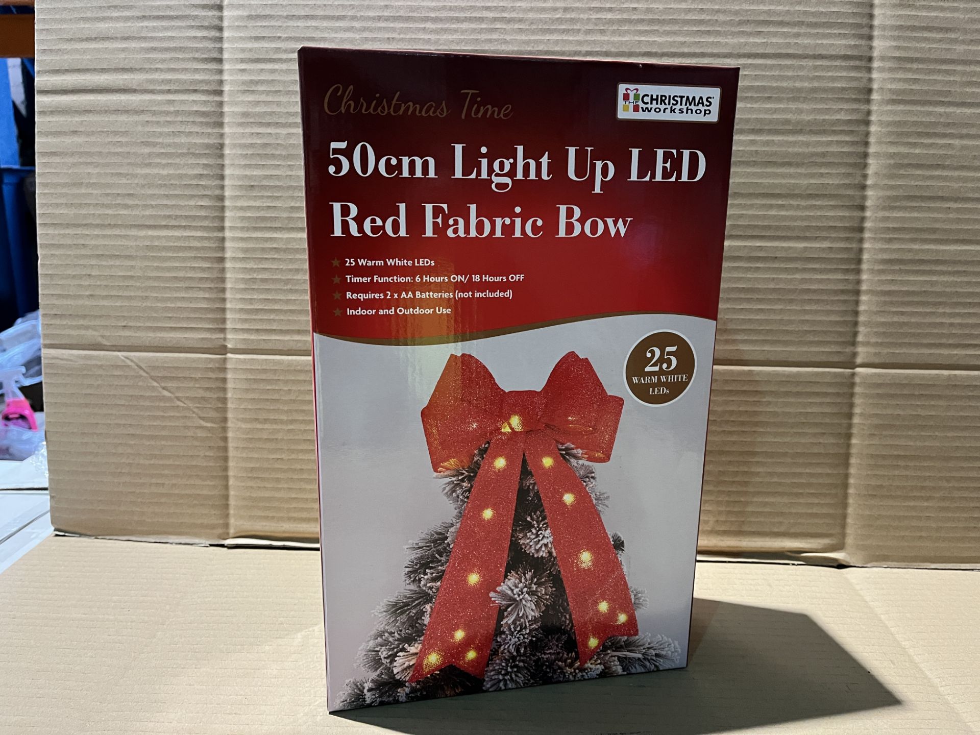 12 X BRAND NEW CHRISTMAS WORKSHOP 50CM LIGHT UP LED RED FABRIC BOW R15-1