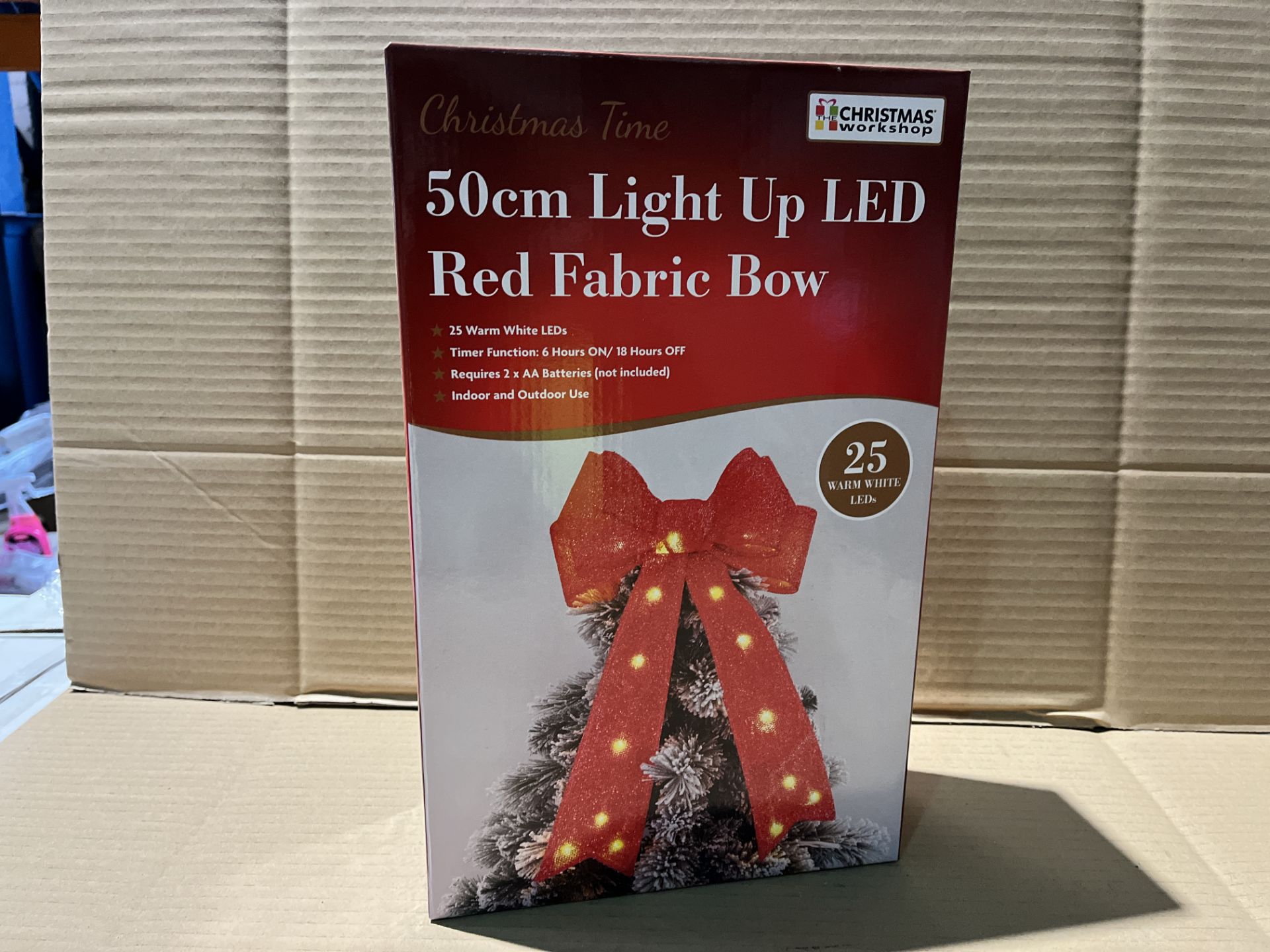 12 X BRAND NEW CHRISTMAS WORKSHOP 50CM LIGHT UP LED RED FABRIC BOW R15-1