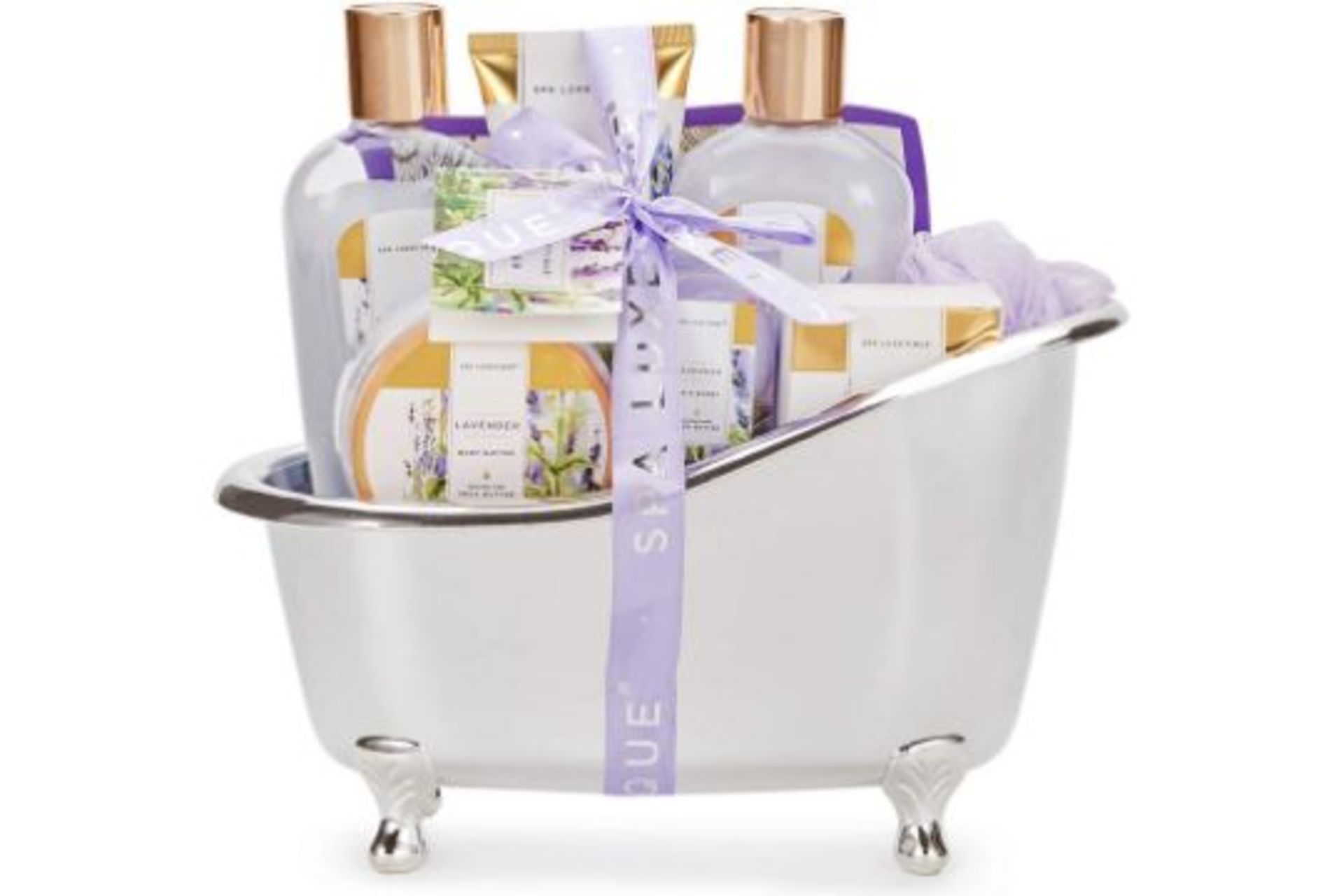 PALLET TO CONTAIN 48 x NEW BOXED Spa Luxetique Lavender Spa Bathtub Set. (BEC-5-NEW) Natural Bath