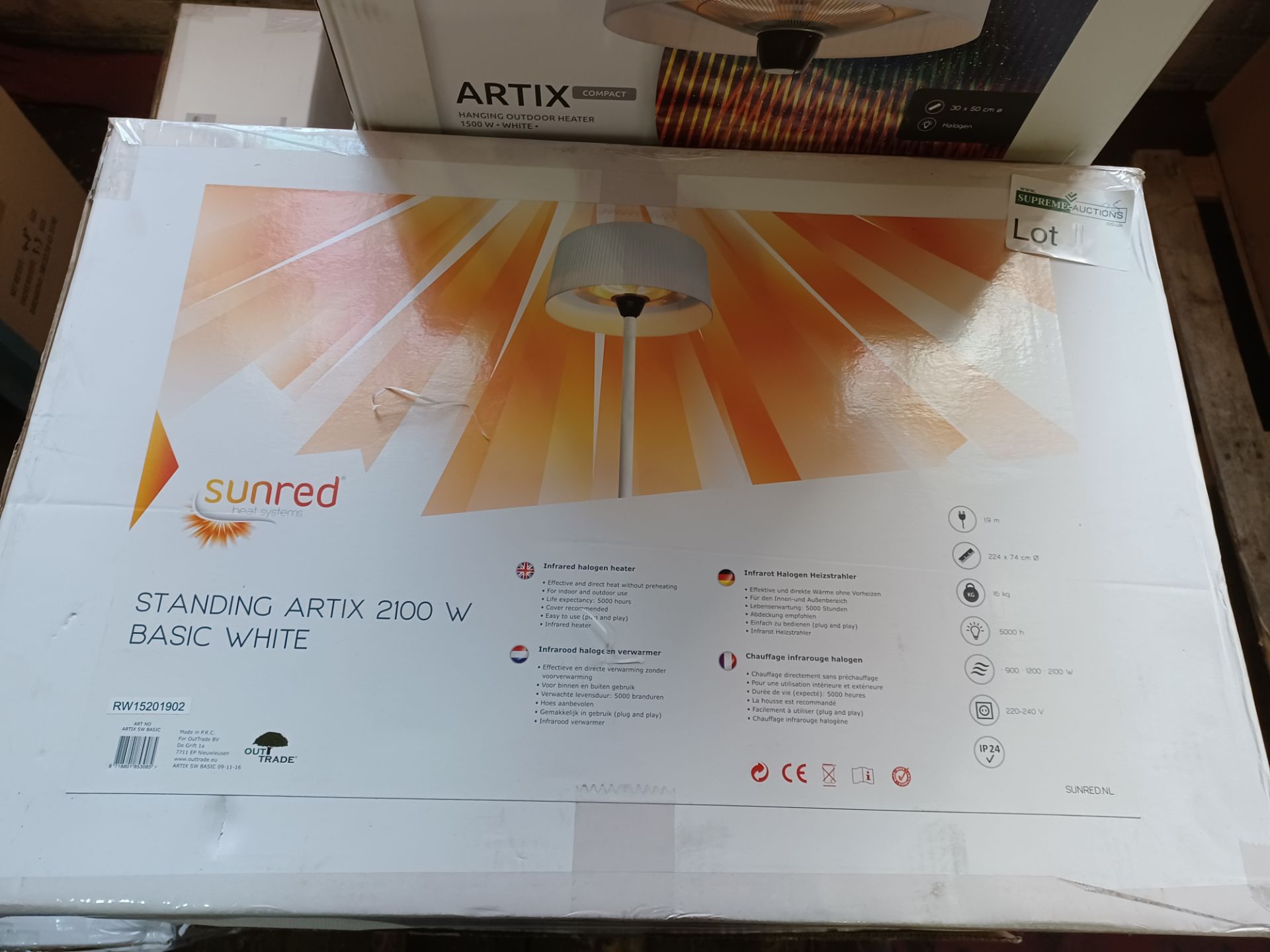 NEW BOXED SUNRED HEAT SYSTEMS STANDING ARTIX 2100W WHITE INFRARED HALOGEN HEATER. ROW 15 B/W