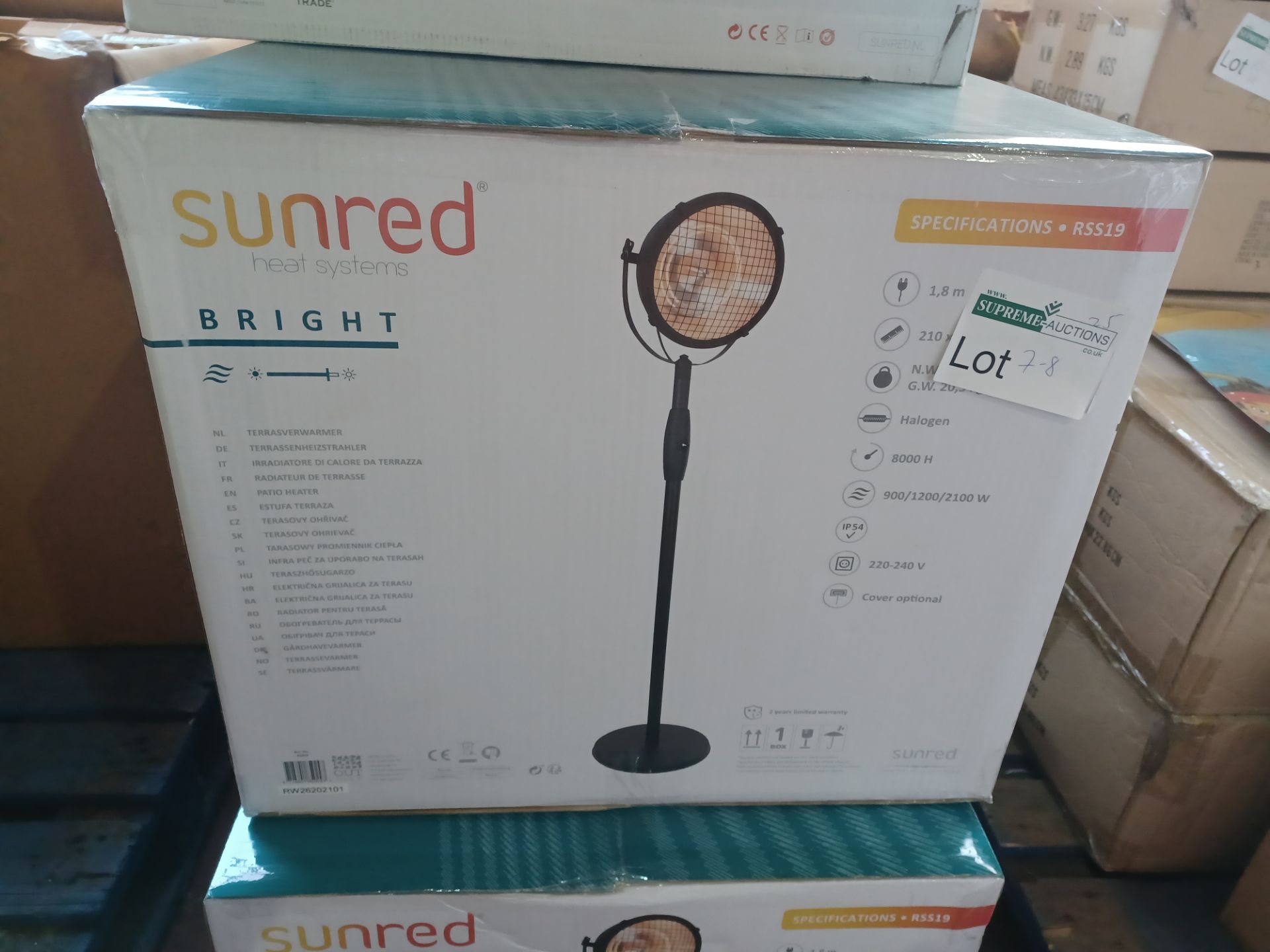 NEW BOXED SUNRED HEAT SYSTEMS BRIGHT MULTI HEAT SETTINGS HALOGEN PATIO HEATER. 900, 1200 & 2100W.