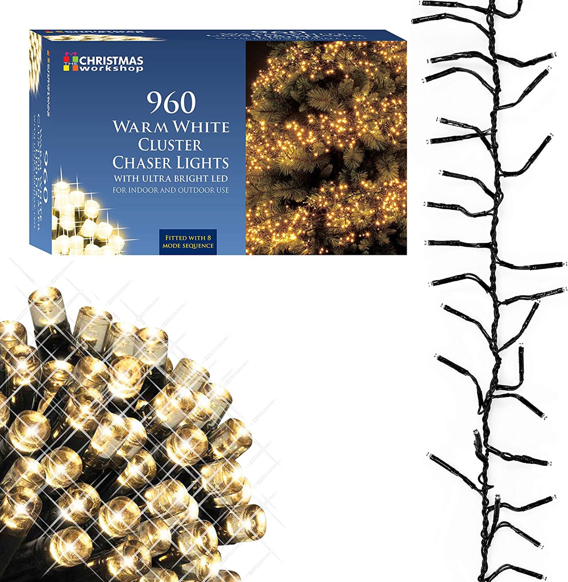 The Christmas Workshop 71820 960 Warm White LED Chaser Cluster Christmas Lights | Indoor and Outdoor