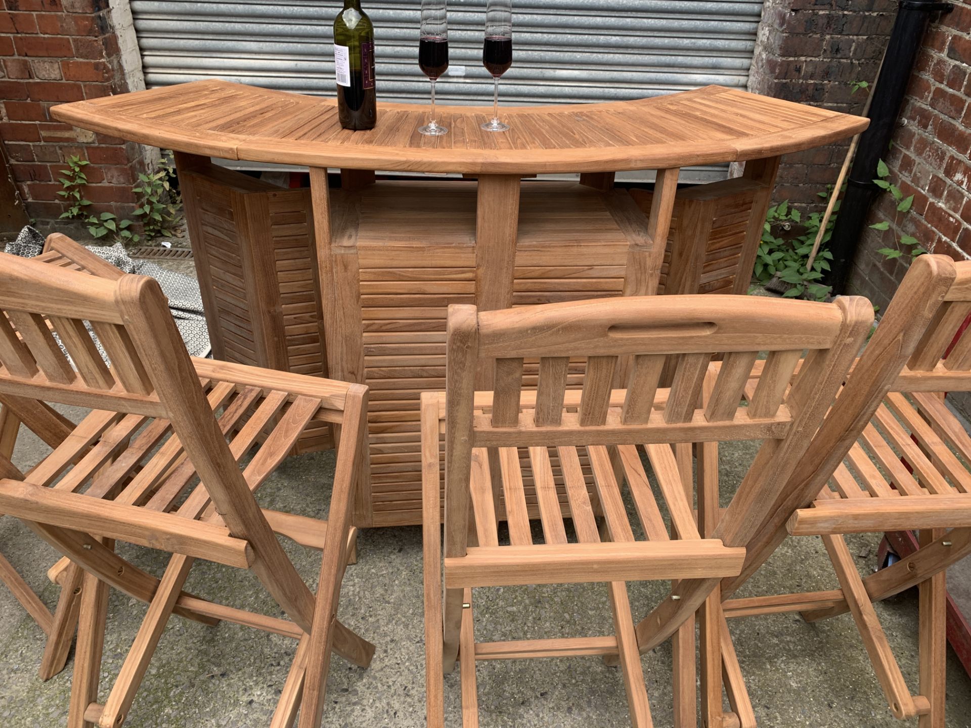BRAND NEW SOLID WOODEN TEAK FOLDING BAR SET WITH 4 STOOLS 176 X 40 X 108 RRP £2995