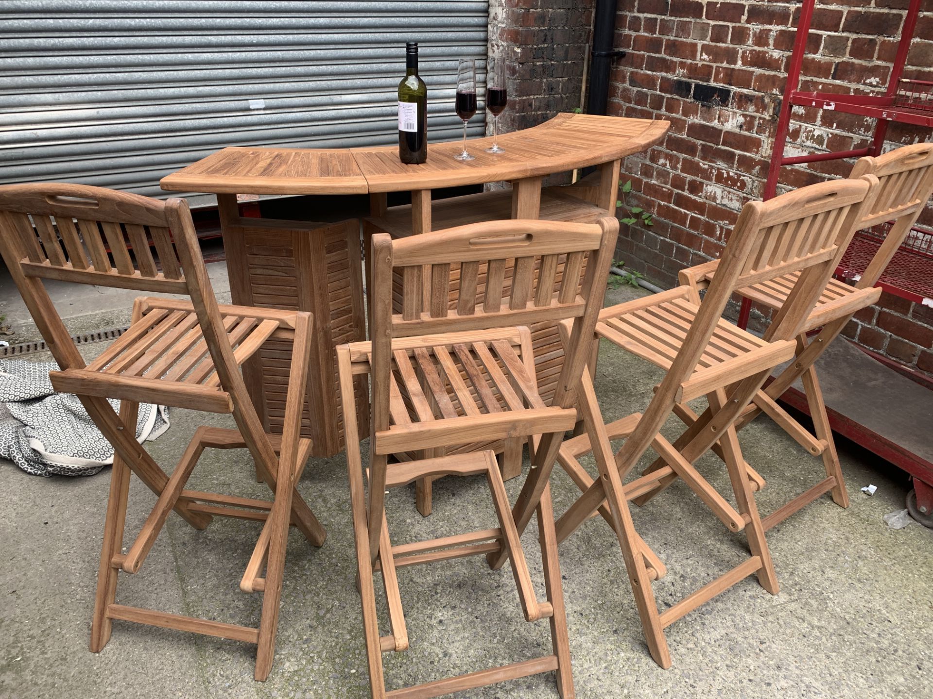 BRAND NEW SOLID WOODEN TEAK FOLDING BAR SET WITH 4 STOOLS 176 X 40 X 108 RRP £2995 - Image 6 of 7