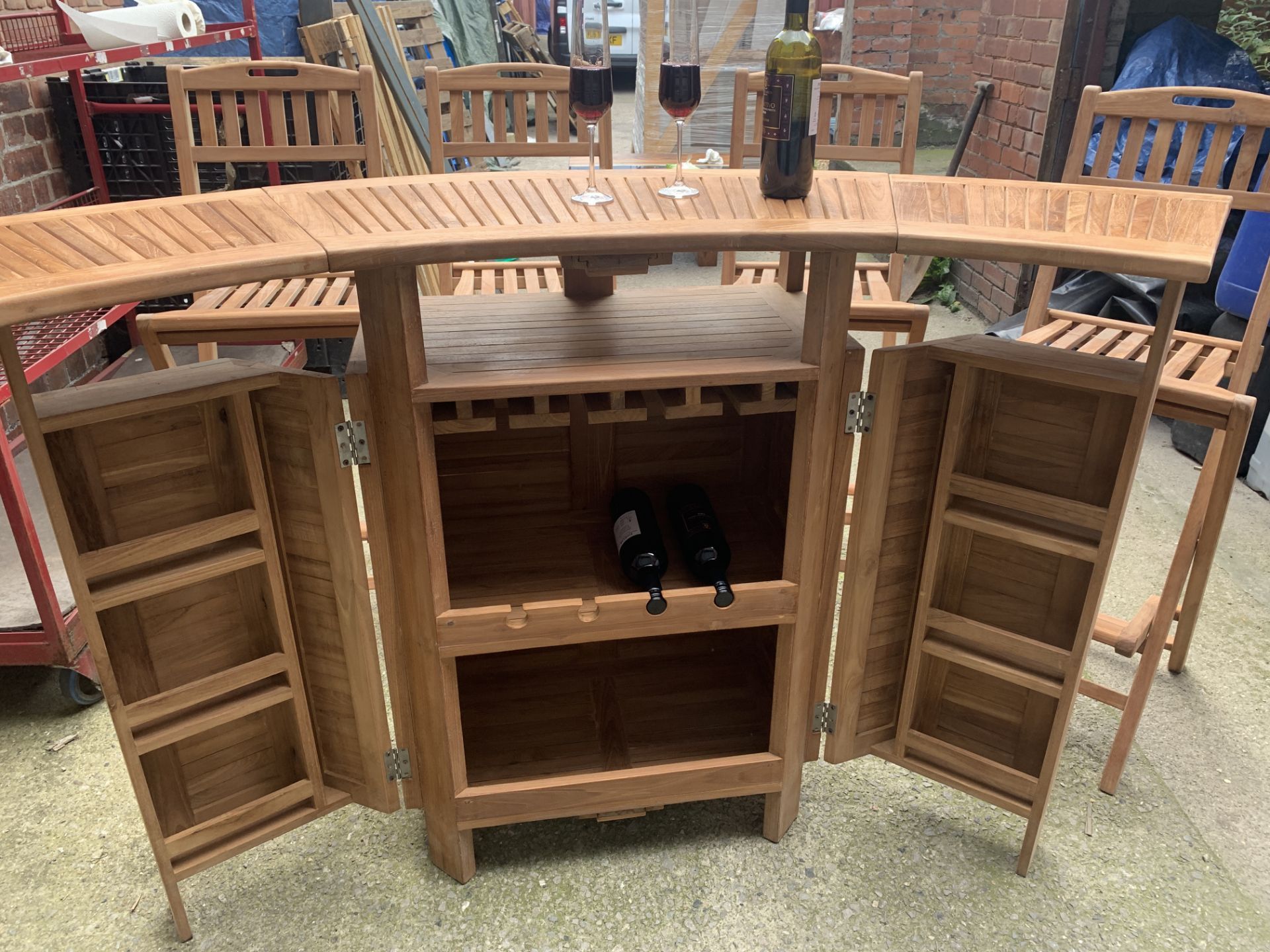 BRAND NEW SOLID WOODEN TEAK FOLDING BAR SET WITH 4 STOOLS 176 X 40 X 108 RRP £2995 - Image 7 of 7