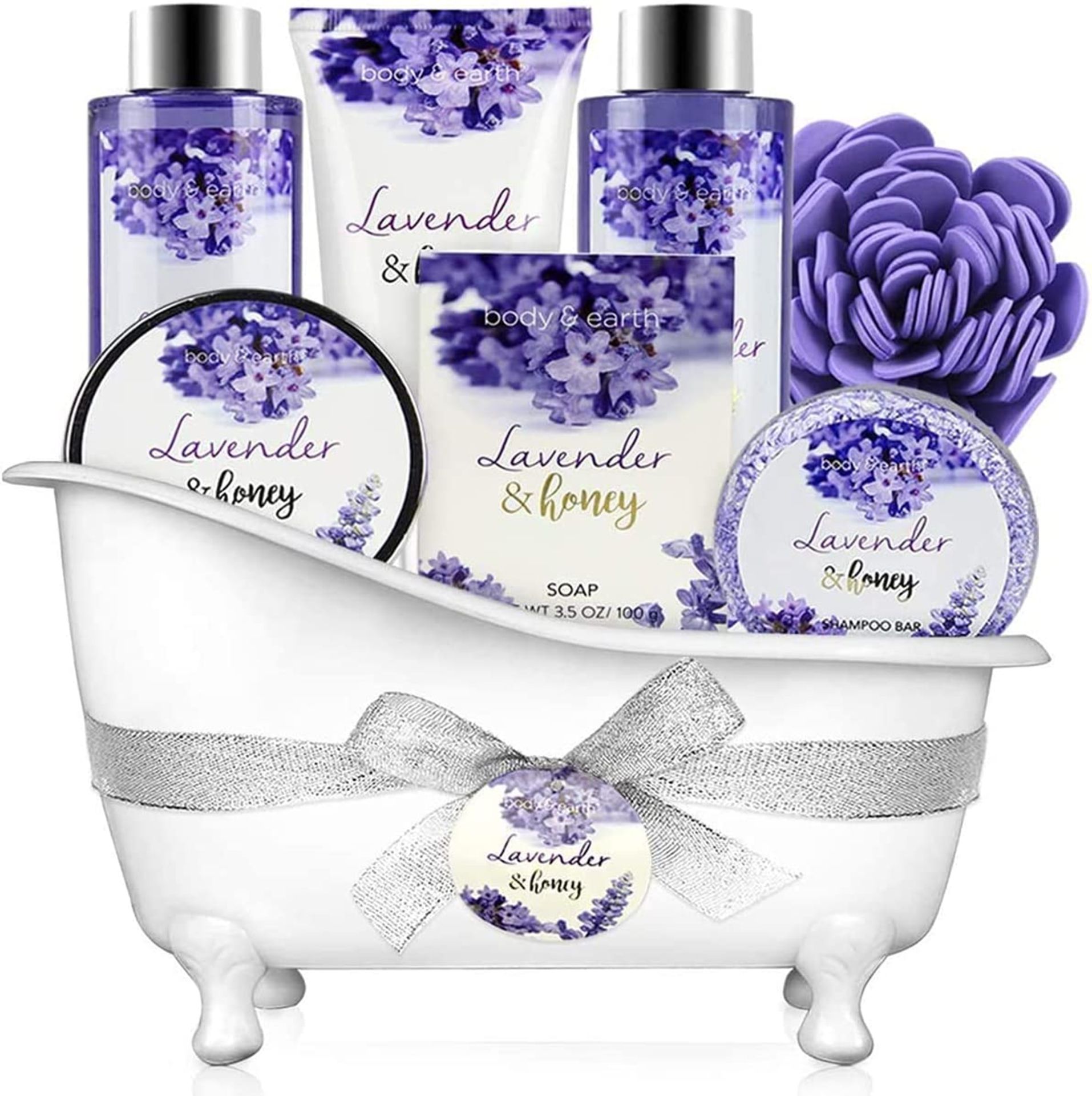 12 X NEW PACKAGED BODY & EARTH Lavender & Honey Spa Bathtub Set. (ROW12) Contents: This bath set