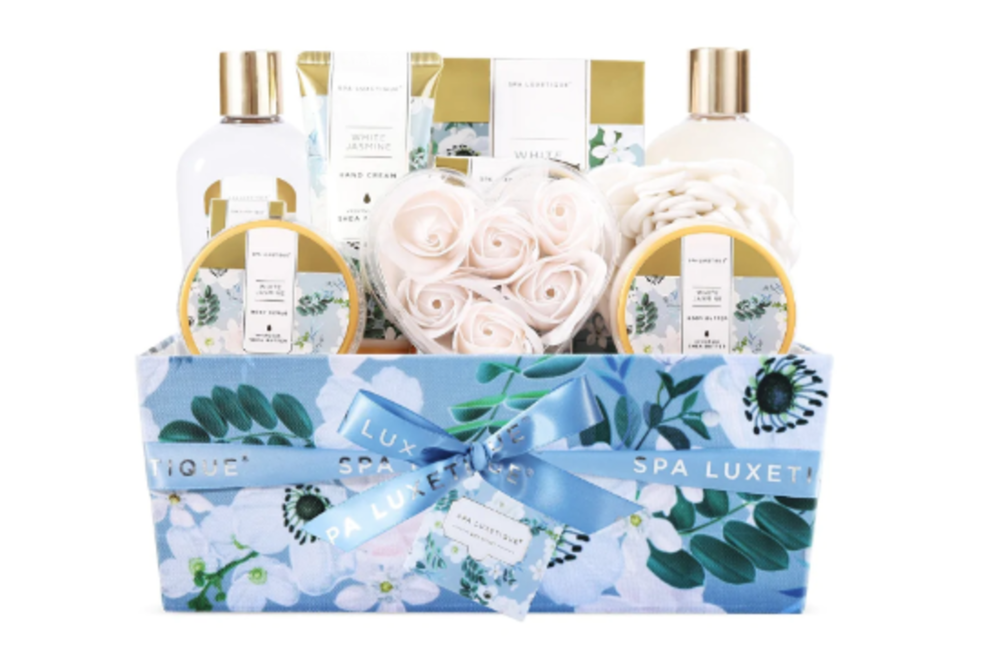TRADE LOT 24 x New Packaged Spa Luxetique White Jasmine Home Spa Basket Set. (SKU: spa-bp-07-1) ??
