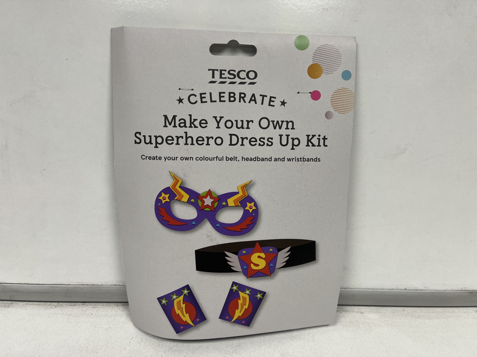 TRADE LOT 216 X NEW PACKAGED TESCO CELEBRATE MAKE YOUR OWN SUPER HERO DRESS UP KITS. INCLUDES