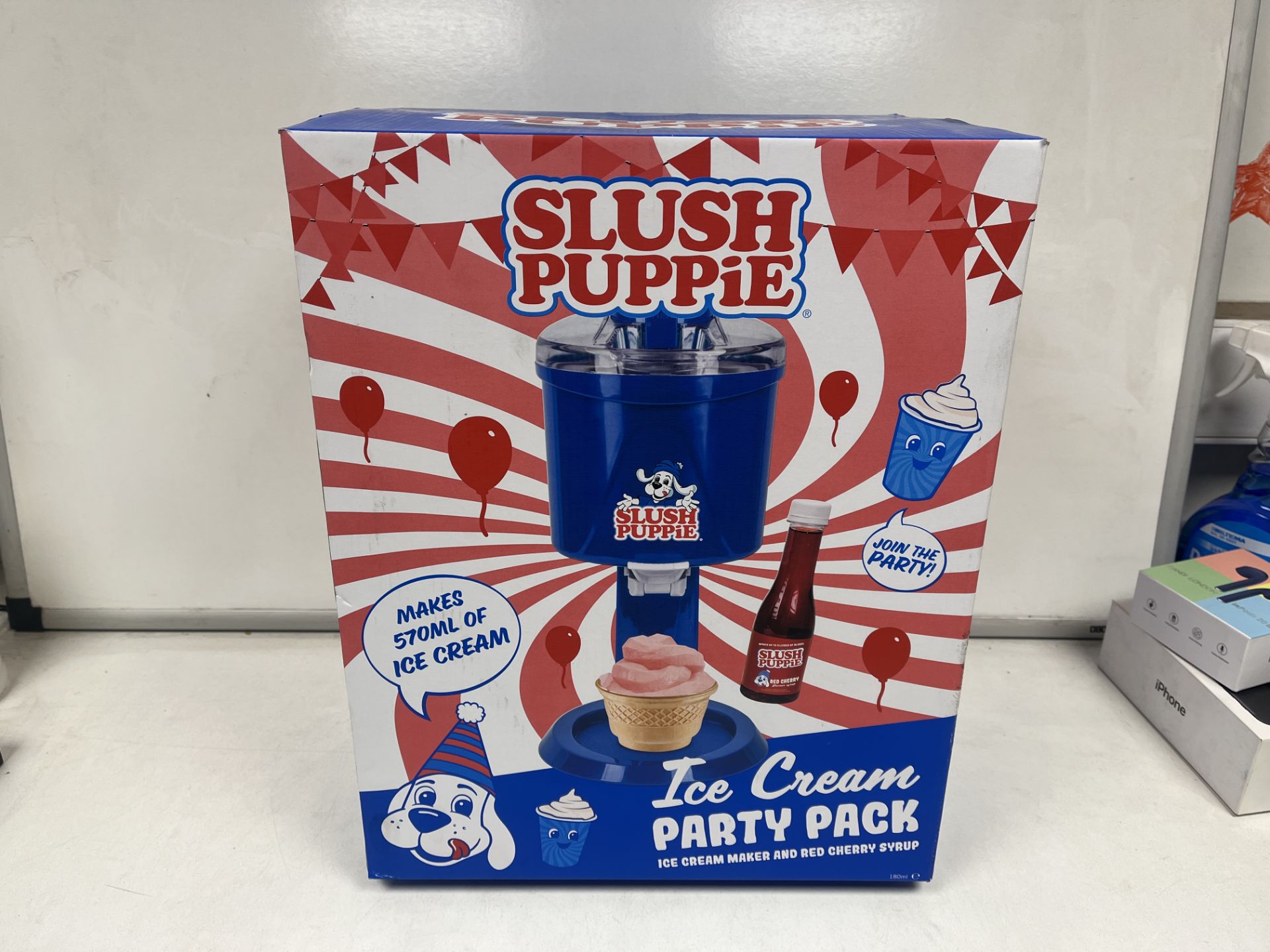 PALLET TO CONTAIN 24 X NEW BOXED SLUSH PUPPIE ICE CREAM PARTY PACK. ICE CREAM MAKER AND RED