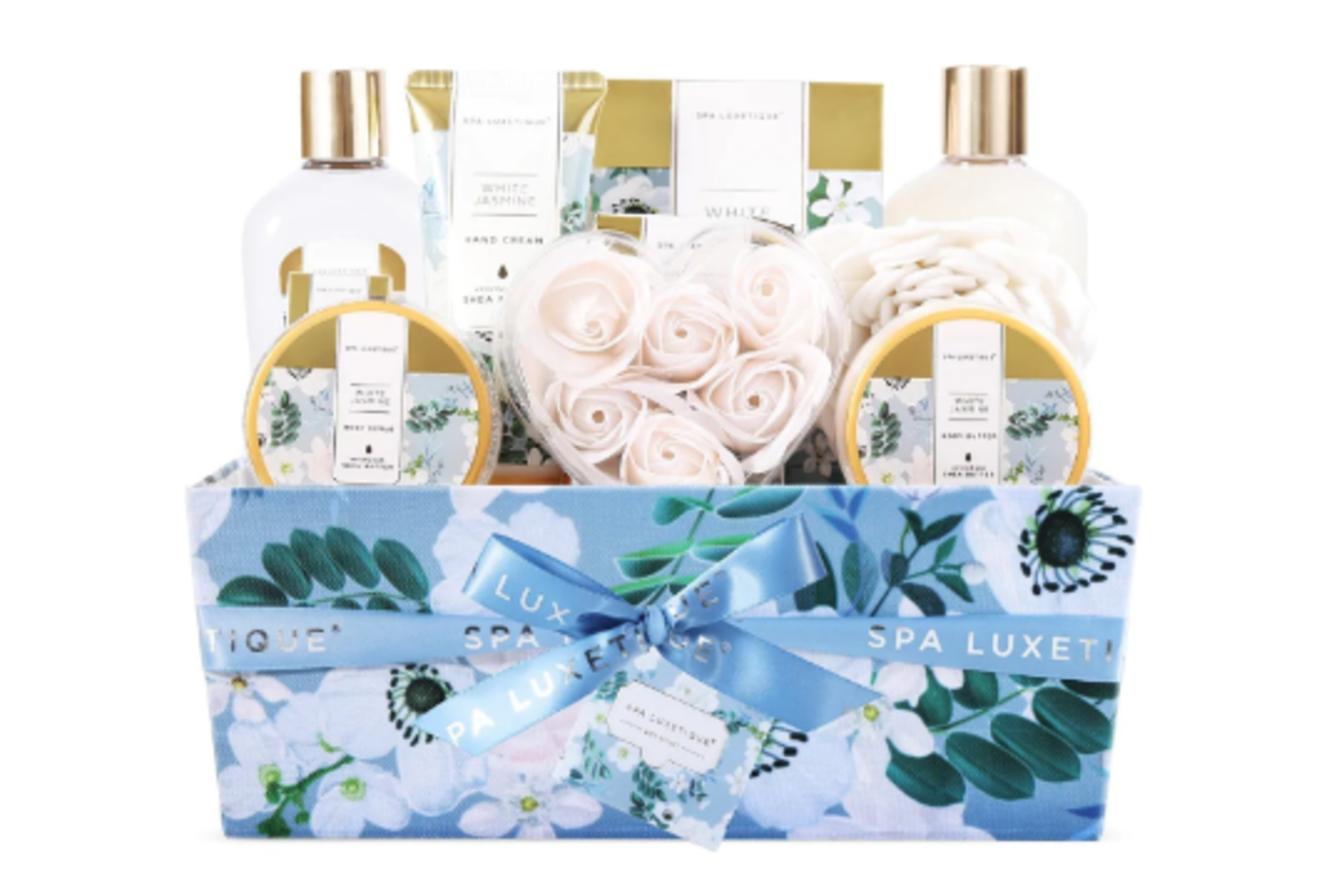 4 x New Packaged Spa Luxetique White Jasmine Home Spa Basket Set. (SKU: spa-bp-07-1) ?? Natural Bath