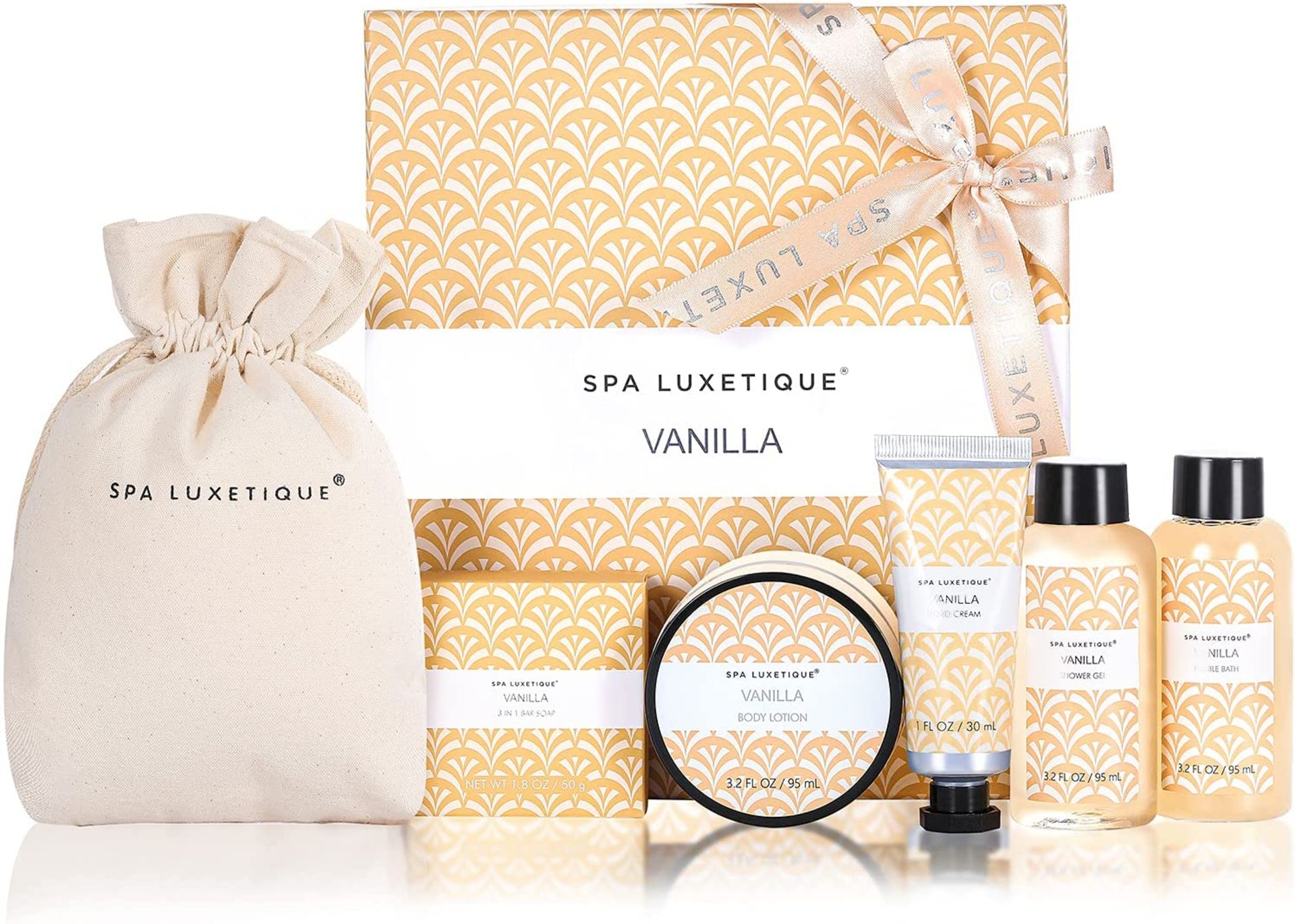 TRADE LOT 24 X BRAND NEW SPA LUXETIQUE VANILLA BEAUTY SET INCLUDING SHOWER GEL, BODY LOTION,