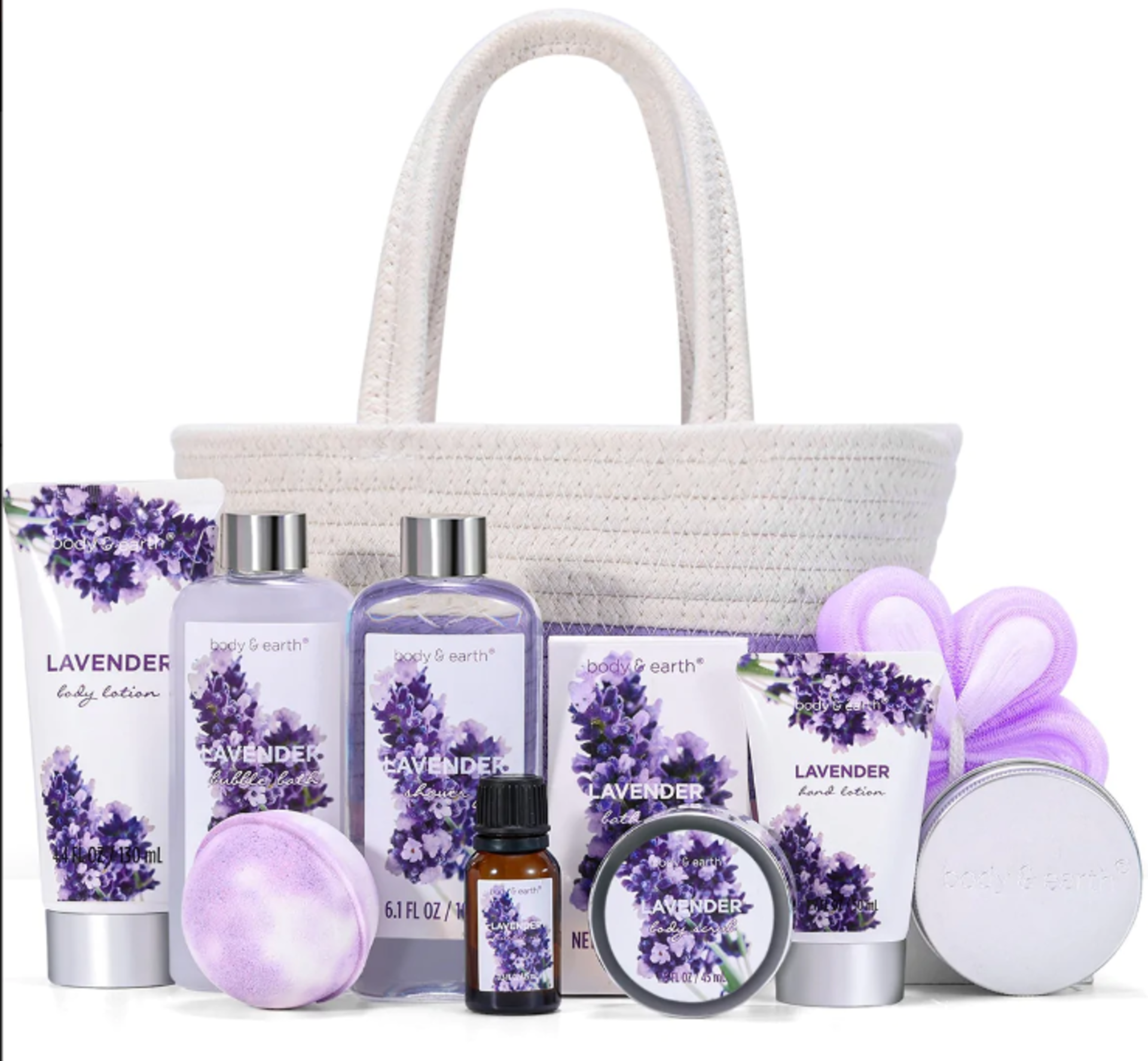 12 X NEW PACKAGED Body & Earth Lavender Spa Basket Set. (BE-BP-010) Nourishing Ingredients:
