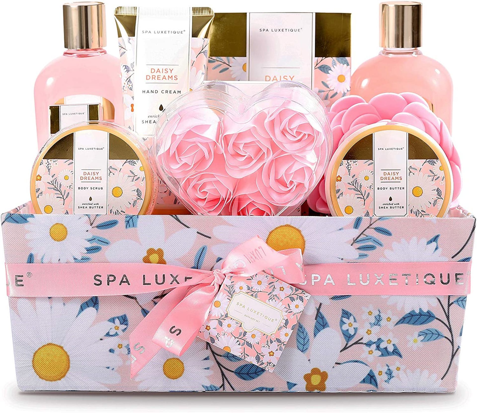 4 X NEW PACKAGED Daisy Dreams Spa Gift Basket for Women, 15pcs Shea Butter Bath & Body Set With Bag.