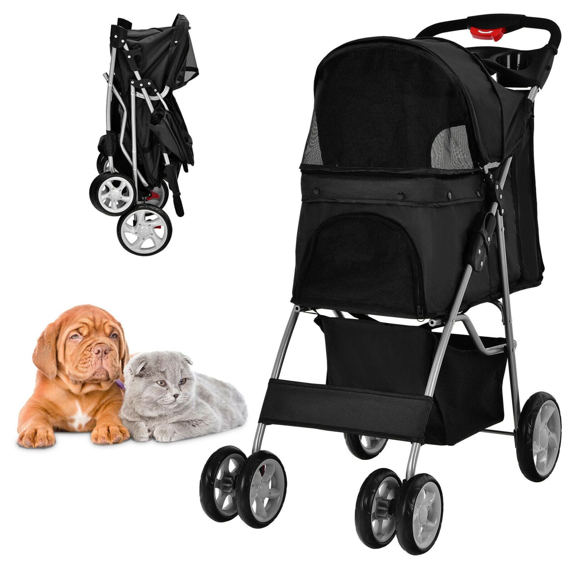 4-Wheel Folding Pet Stroller with Storage Basket and Adjustable Canopy. BI