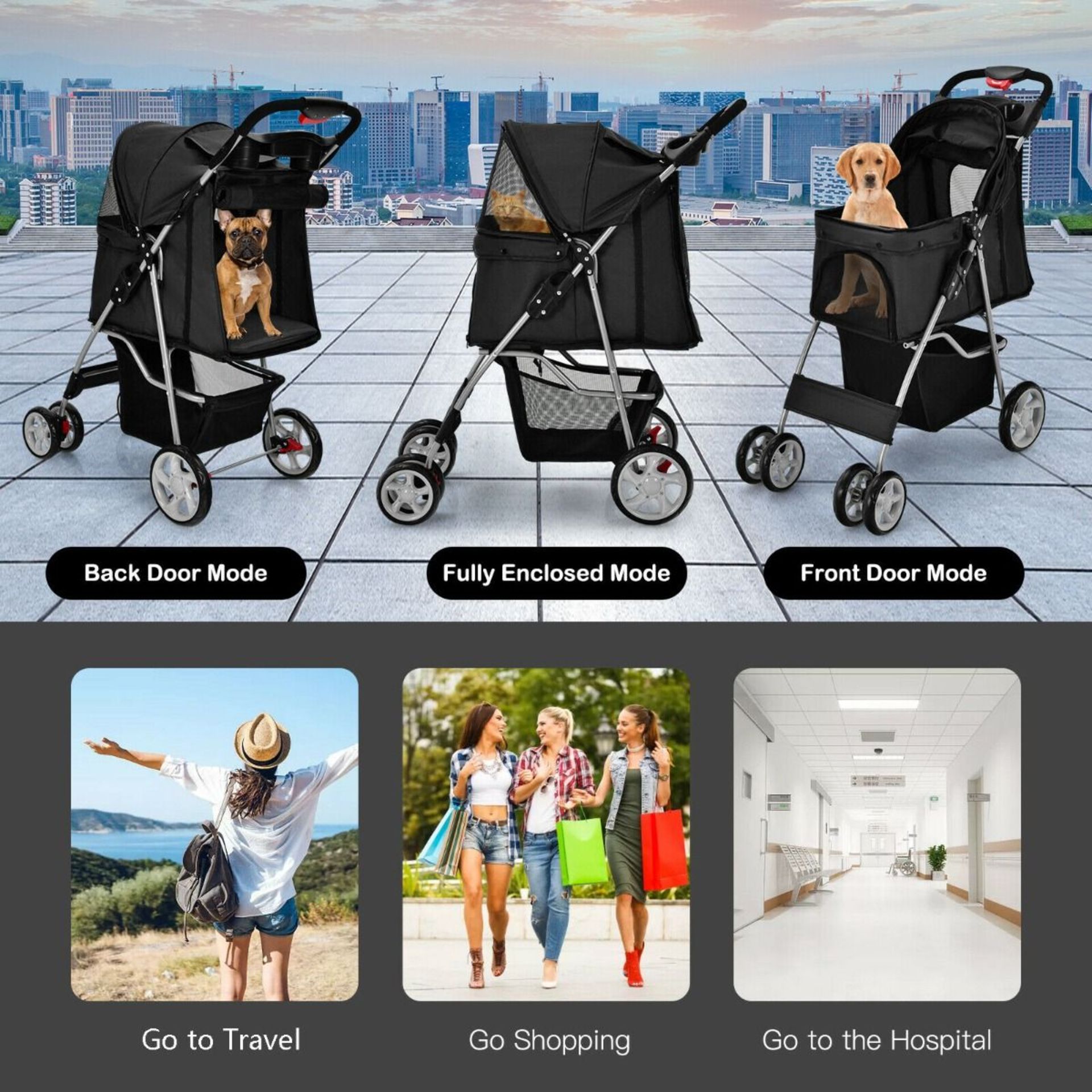 4-Wheel Folding Pet Stroller with Storage Basket and Adjustable Canopy. BI - Image 2 of 2