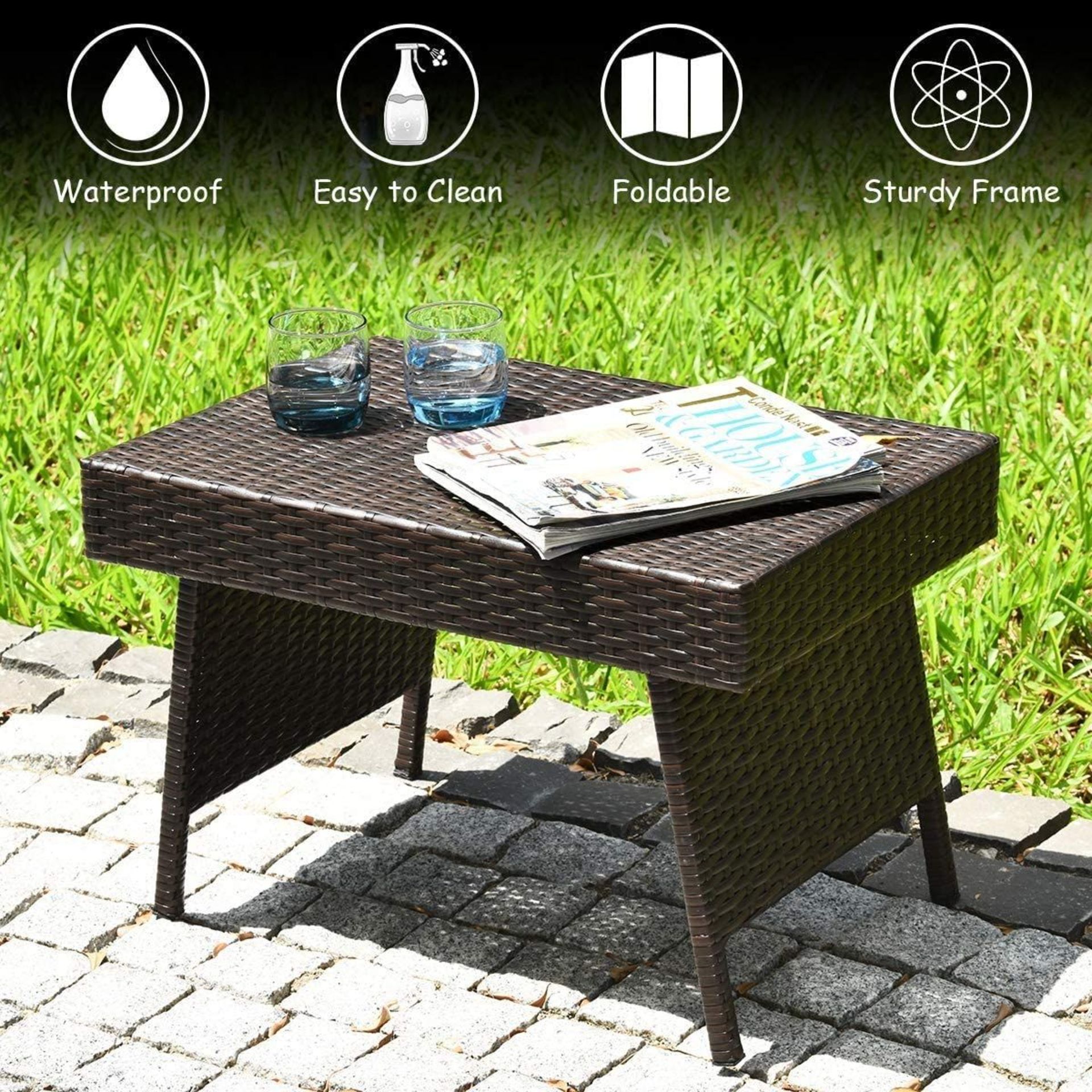 Mix Brown Patio Folding Rattan Side Coffee Table with Steel Frame. RRP £99.00. - BI - Image 2 of 2