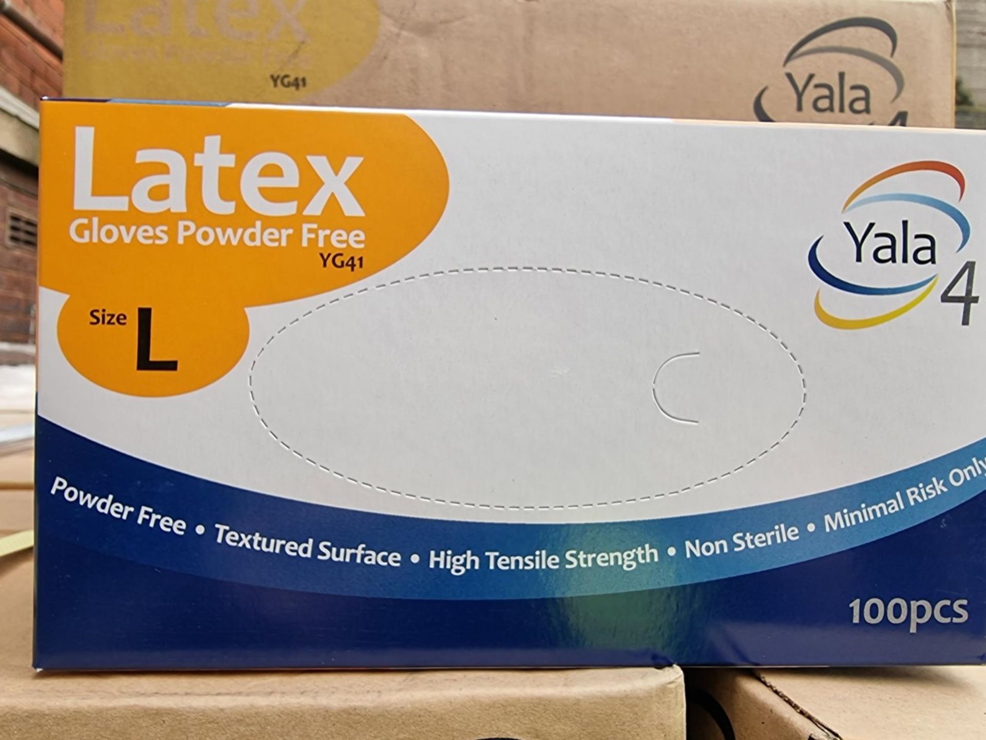 10 X BOXES EACH CONTAINING 10 BOXES OF 100 YALA LATEX POWDER FREE GLOVES. SIZE LARGE. 100 BOXES OF