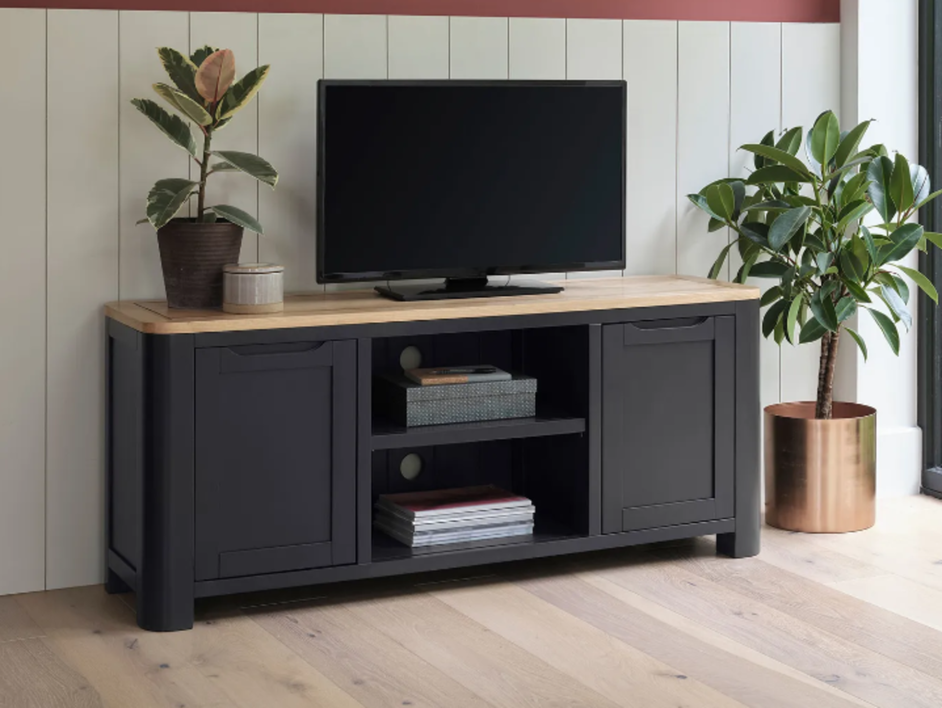 GROVE Natural Oak & Dark Grey Paint Large TV Unit. RRP £539.99. Strong, modern design with cool