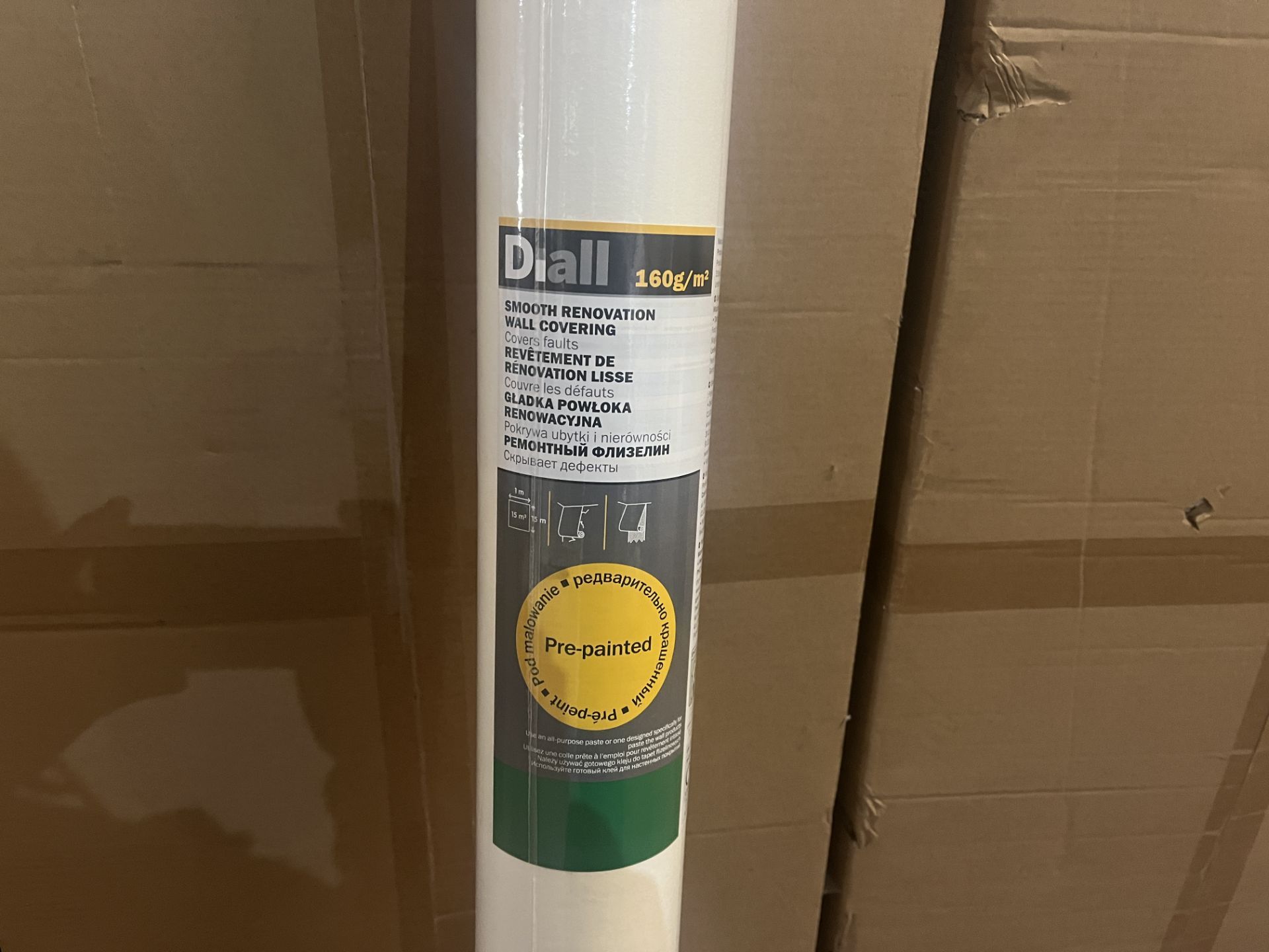 PALLET TO CONTAIN 72 X NEW ROLLS OF DIALL 160G/m2. SMOOTH RENOVATION WALL COVERING. COVERS FAULTS.