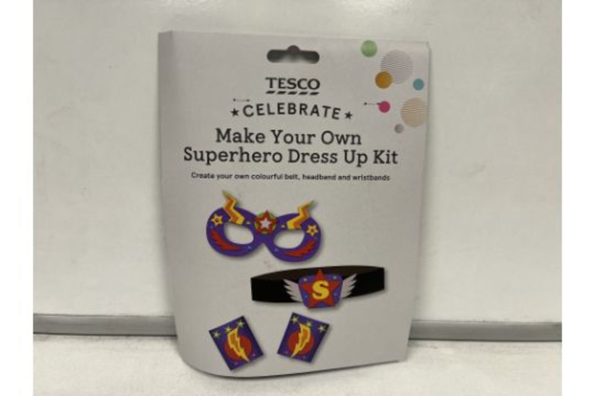 TRADE LOT 216 X NEW PACKAGED TESCO CELEBRATE MAKE YOUR OWN SUPER HERO DRESS UP KITS. INCLUDES