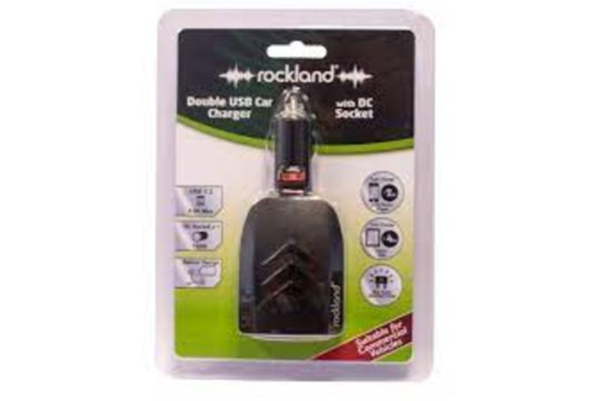 PALLET TO CONTAIN 256 X NEW PACKAGED ROCKLAND DOUBLE USB CAR CHARGER WITH DC SOCKET. RRP £15 EACH.