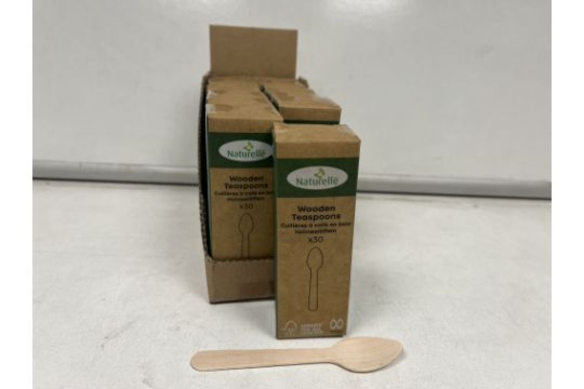 60 X NEW BOXED PACKS OF 30 NATURELLE WOODEN TEASPOONS. (ROW9.3MID)