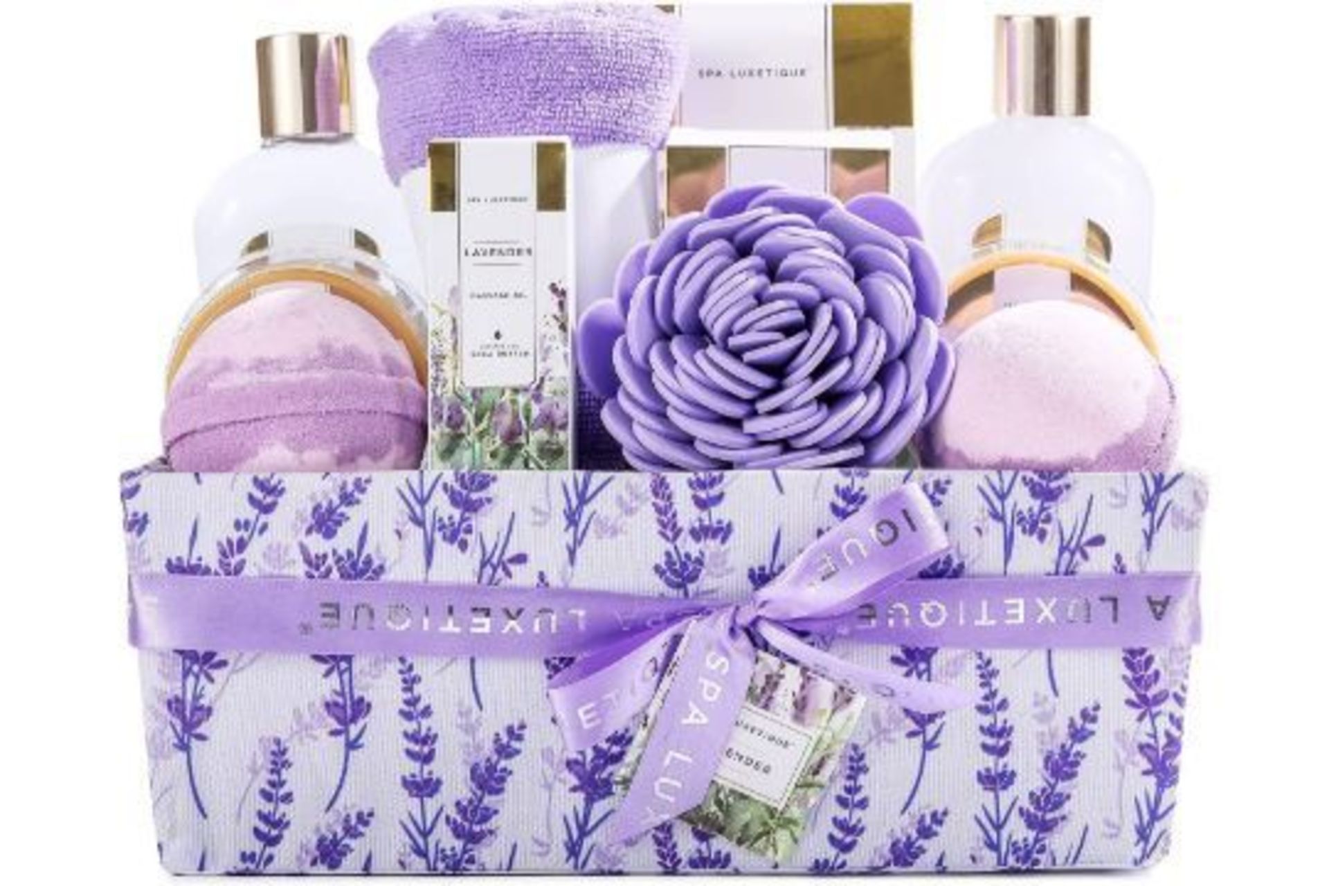 4 X NEW PACKAGED 12 Piece Lavender Bath & Shower Gift Basket. (SKU:SPA-3-LAV). Pampering 12 Pcs Home