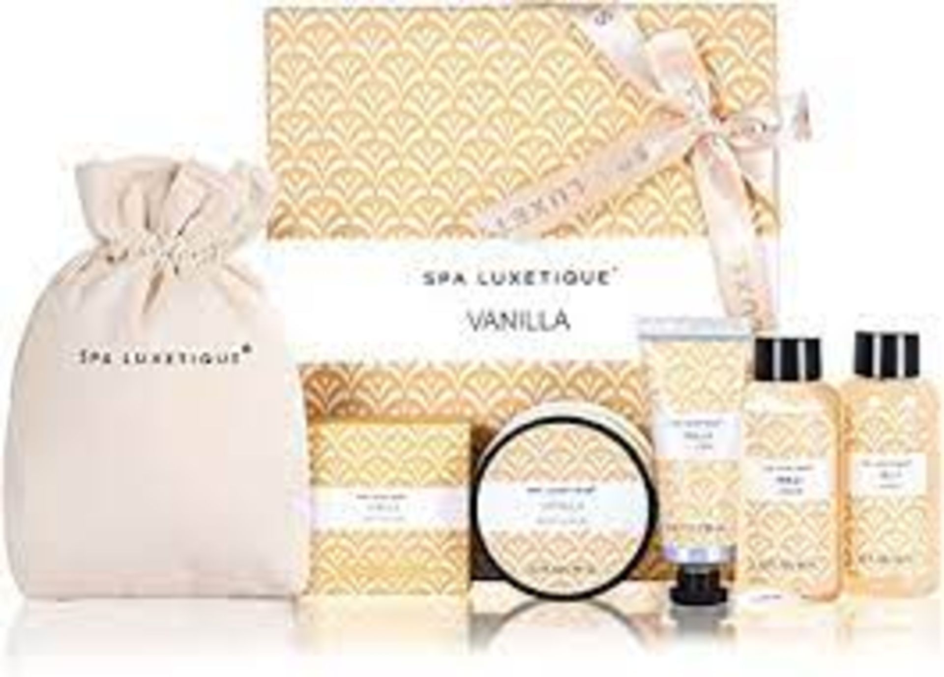 PALLET TO CONTAIN 96 X BRAND NEW SPA LUXETIQUE VANILLA BEAUTY SET INCLUDING SHOWER GEL, BODY LOTION,