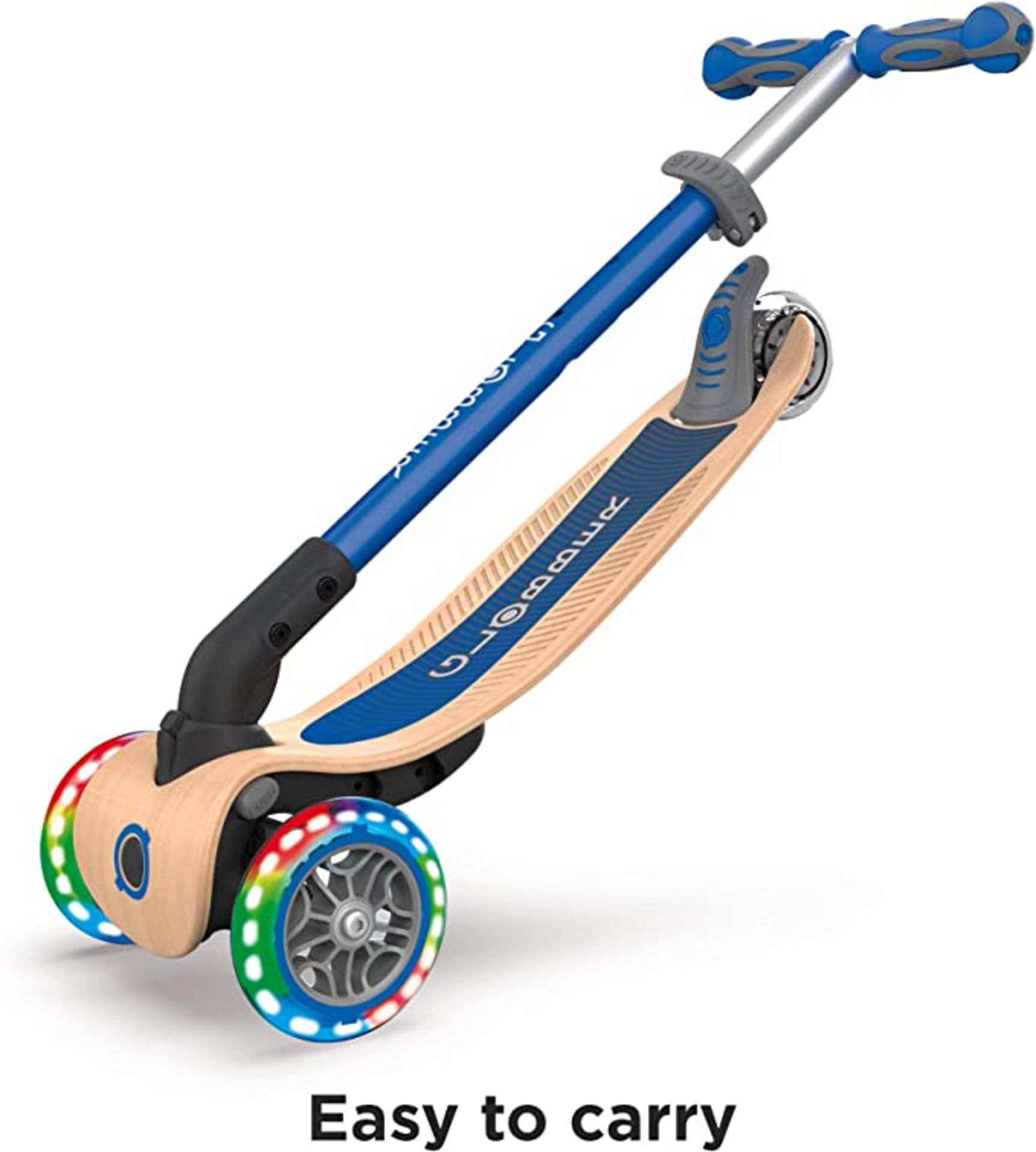 Globber Primo Foldable Wood Lights Navy Blue. RRP £129.99. 3-wheel foldable scooter for kids aged 3+ - Image 2 of 2