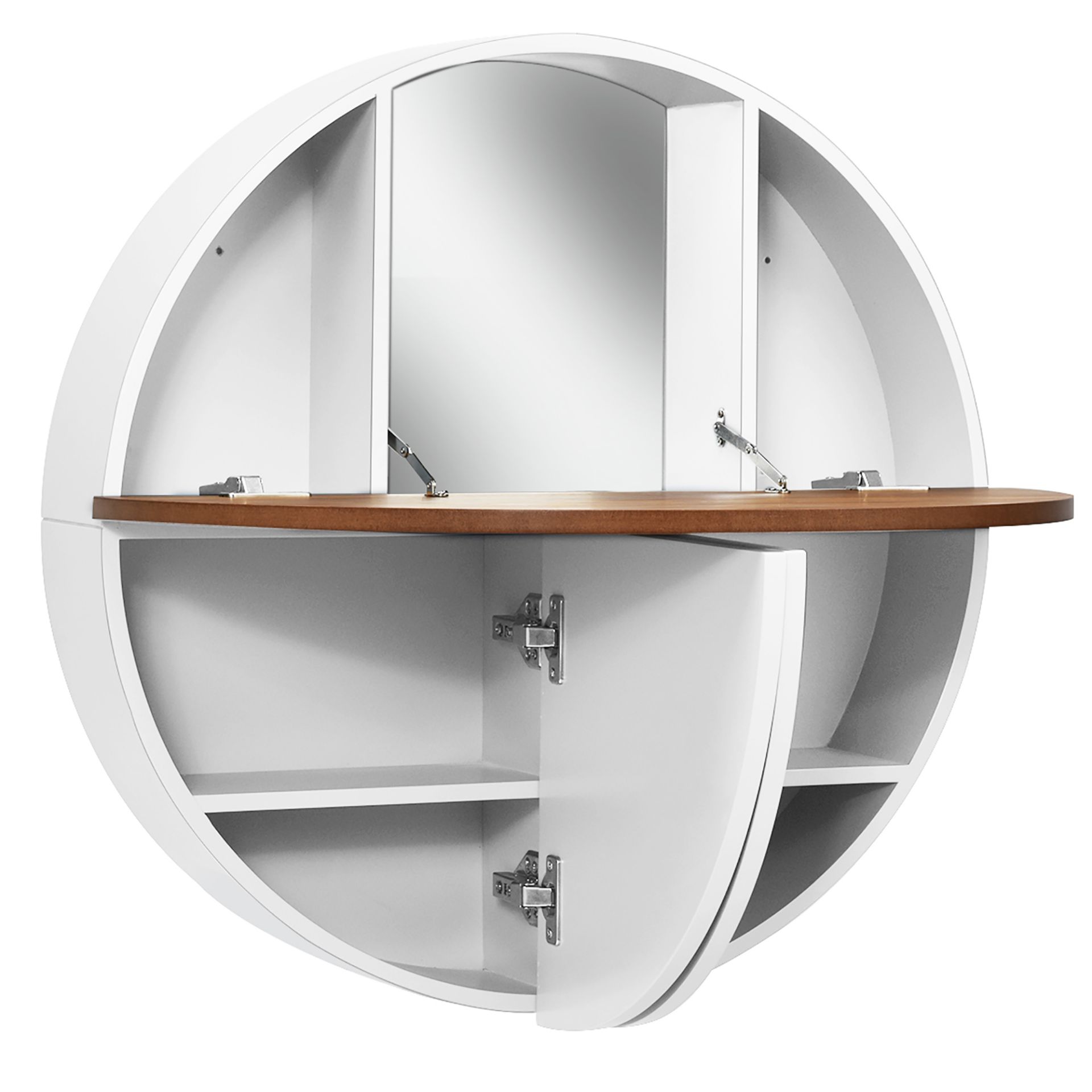 Wall Mounted Round Vanity Table Mirror 7 Compartments Fold out Tabletop White RRP £148.95. - BI