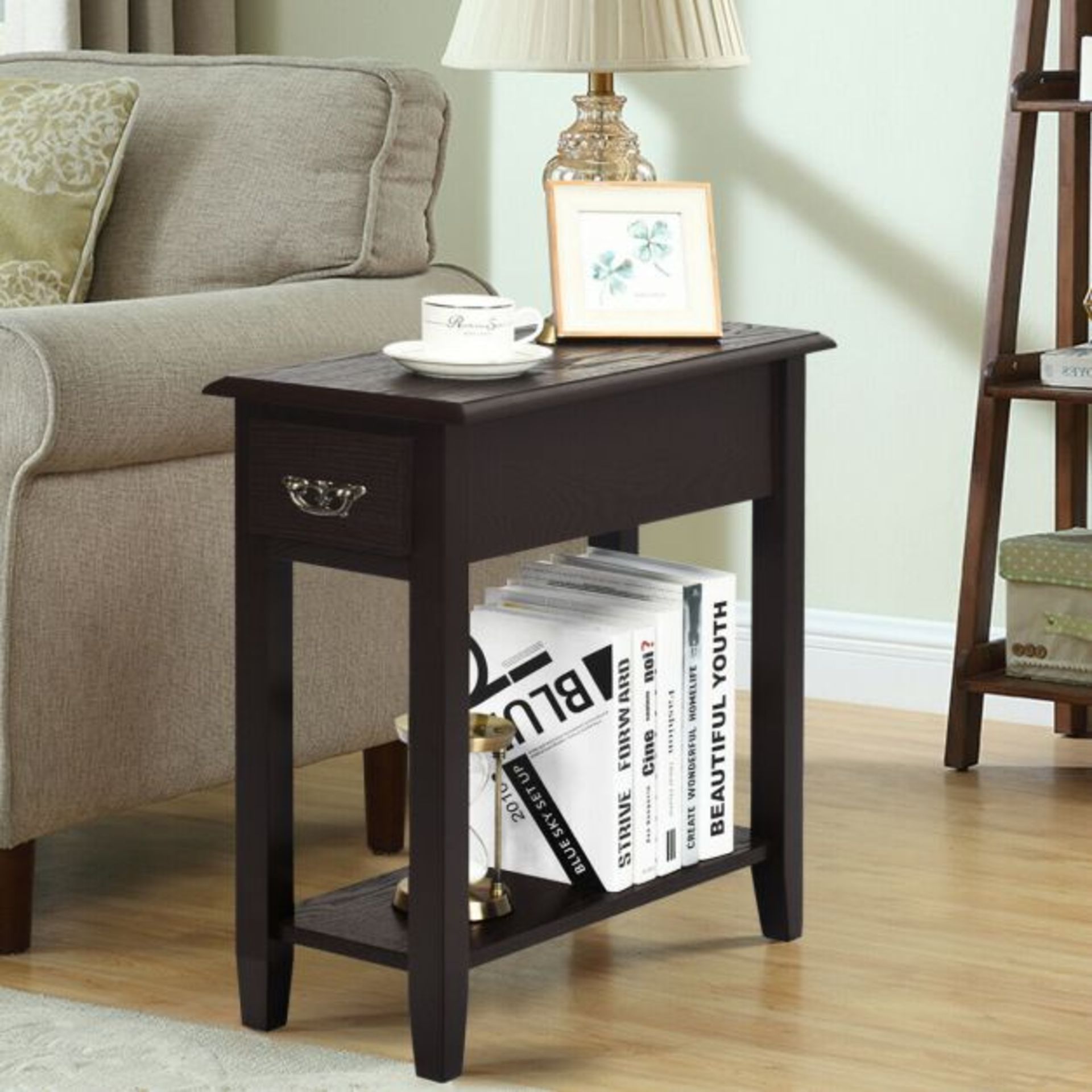 2-Tier Bedside Table with Drawer and Storage Shelf. RRP £109.99. This useful slim table is solidly