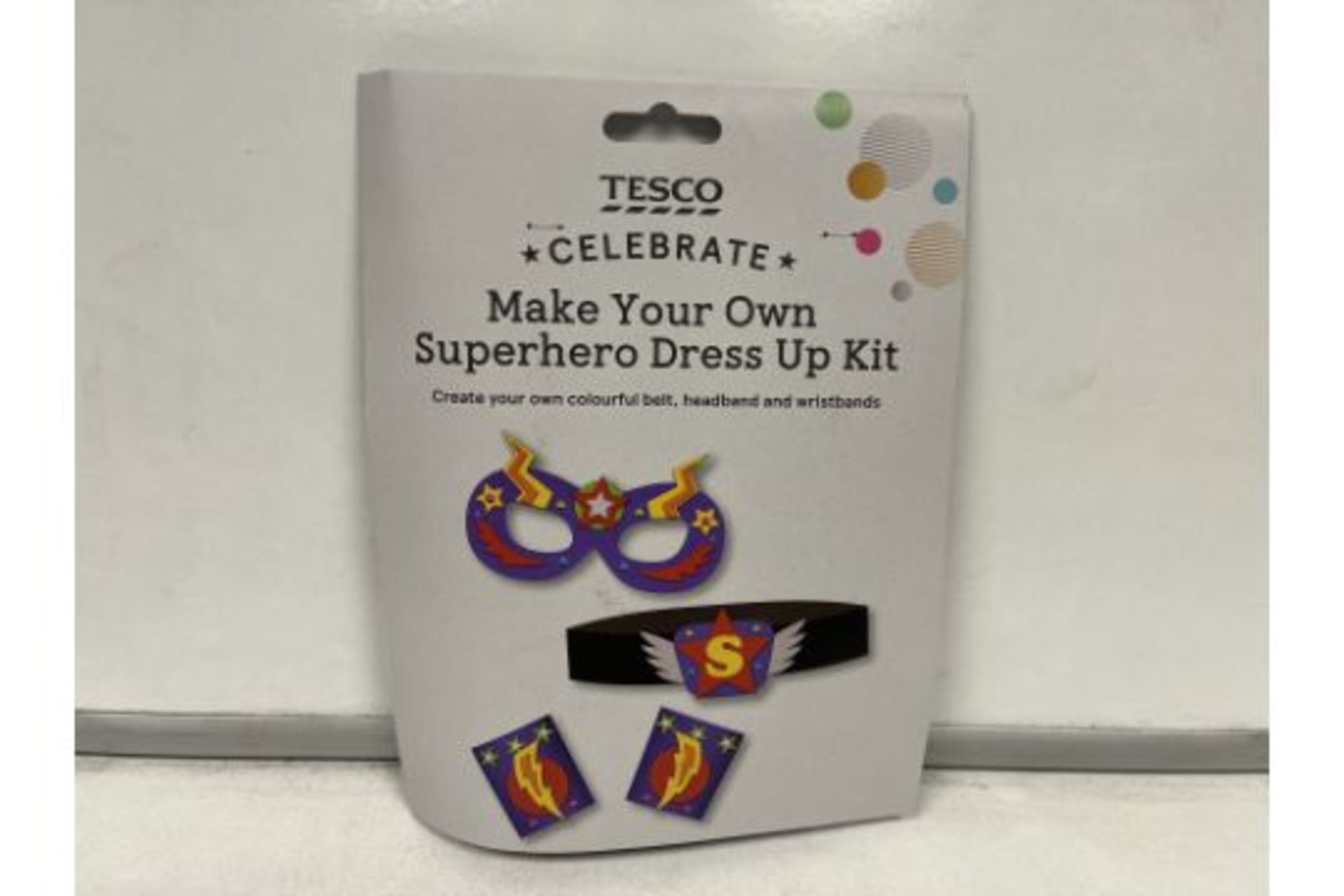 48 X NEW PACKAGED TESCO CELEBRATE MAKE YOUR OWN SUPER HERO DRESS UP KITS. INCLUDES BELT,