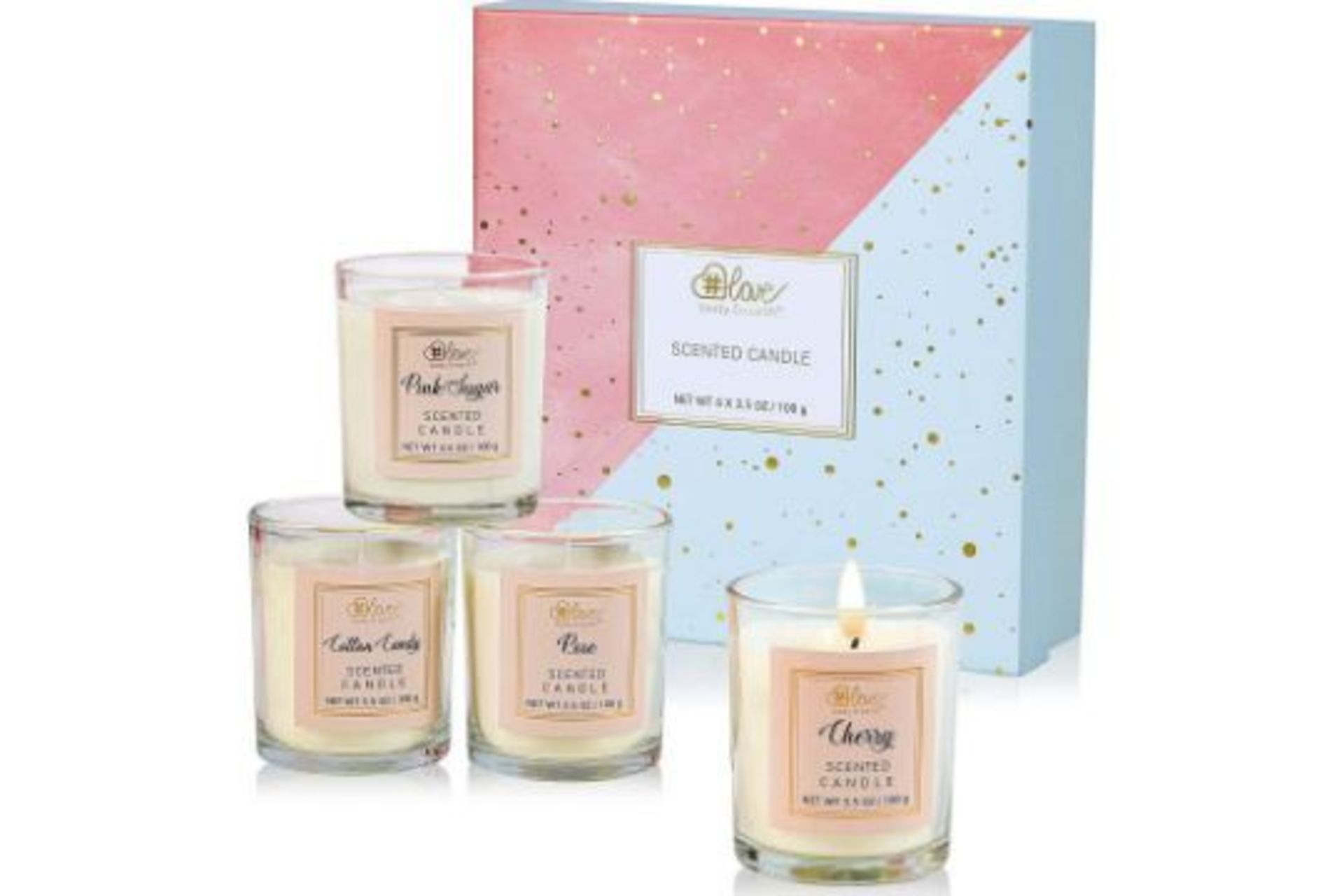 TRADE LOT 36 X NEW BOXED Sets of 4 #LOVE Scented Candles Gift Set. Includes: Pink Sugar, Cotton