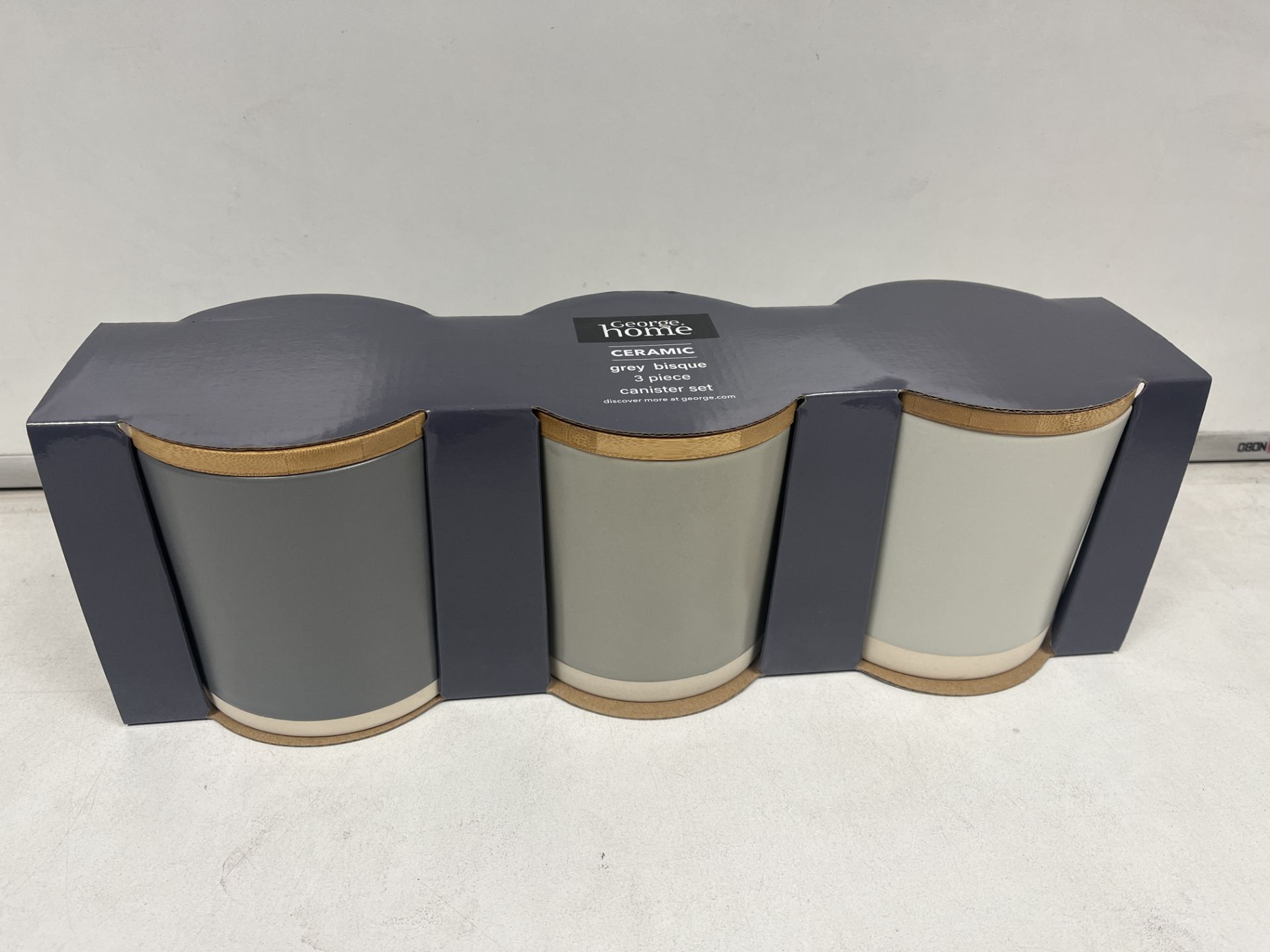 8 X NEW BOXED SETS OF 3 GEORGE HOME CERAMIC GREY BISQUE 3 PIECE CANISTER SETS. (ROW11RACK)