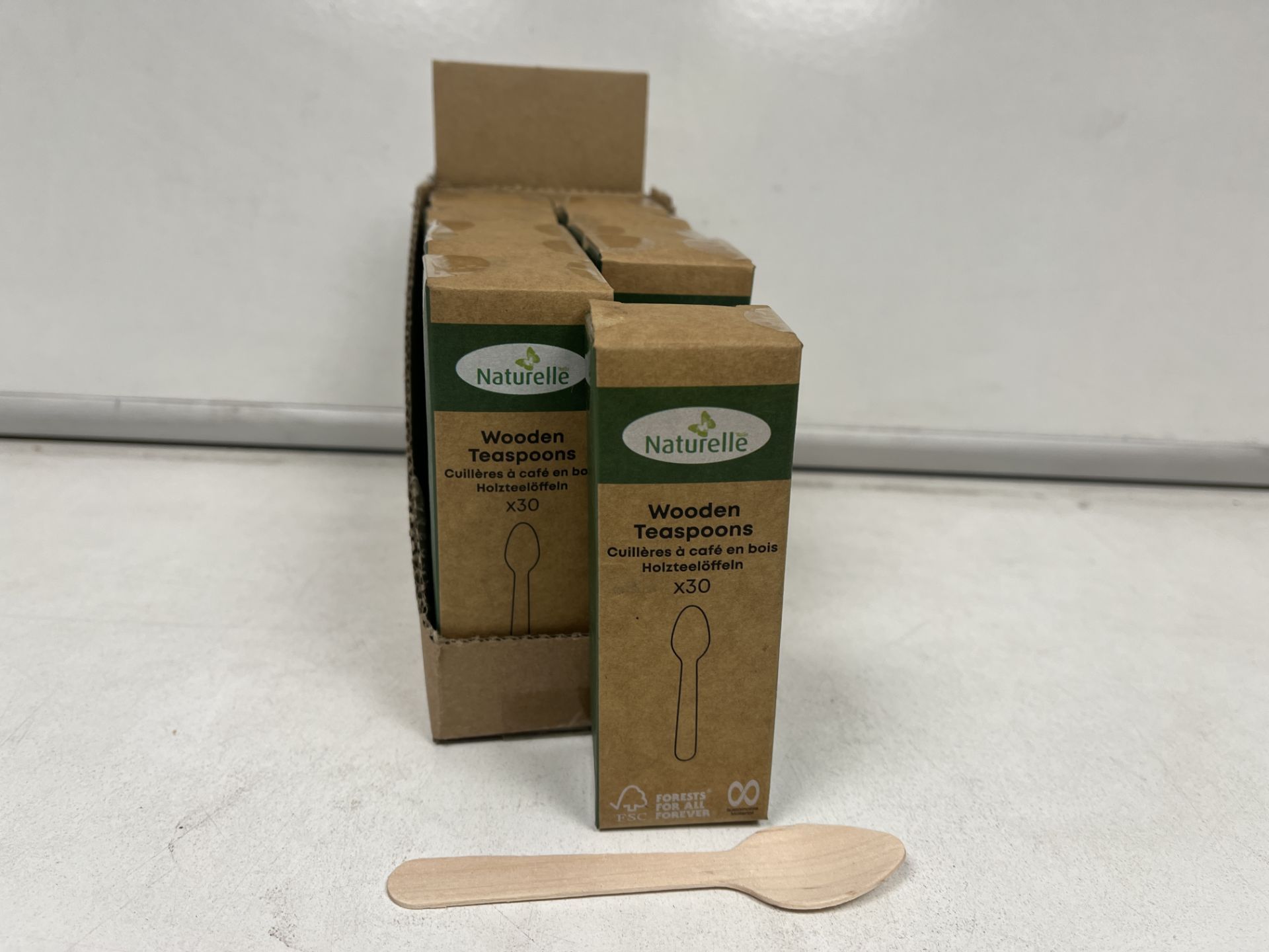 60 X NEW BOXED PACKS OF 30 NATURELLE WOODEN TEASPOONS. (ROW9.3MID)