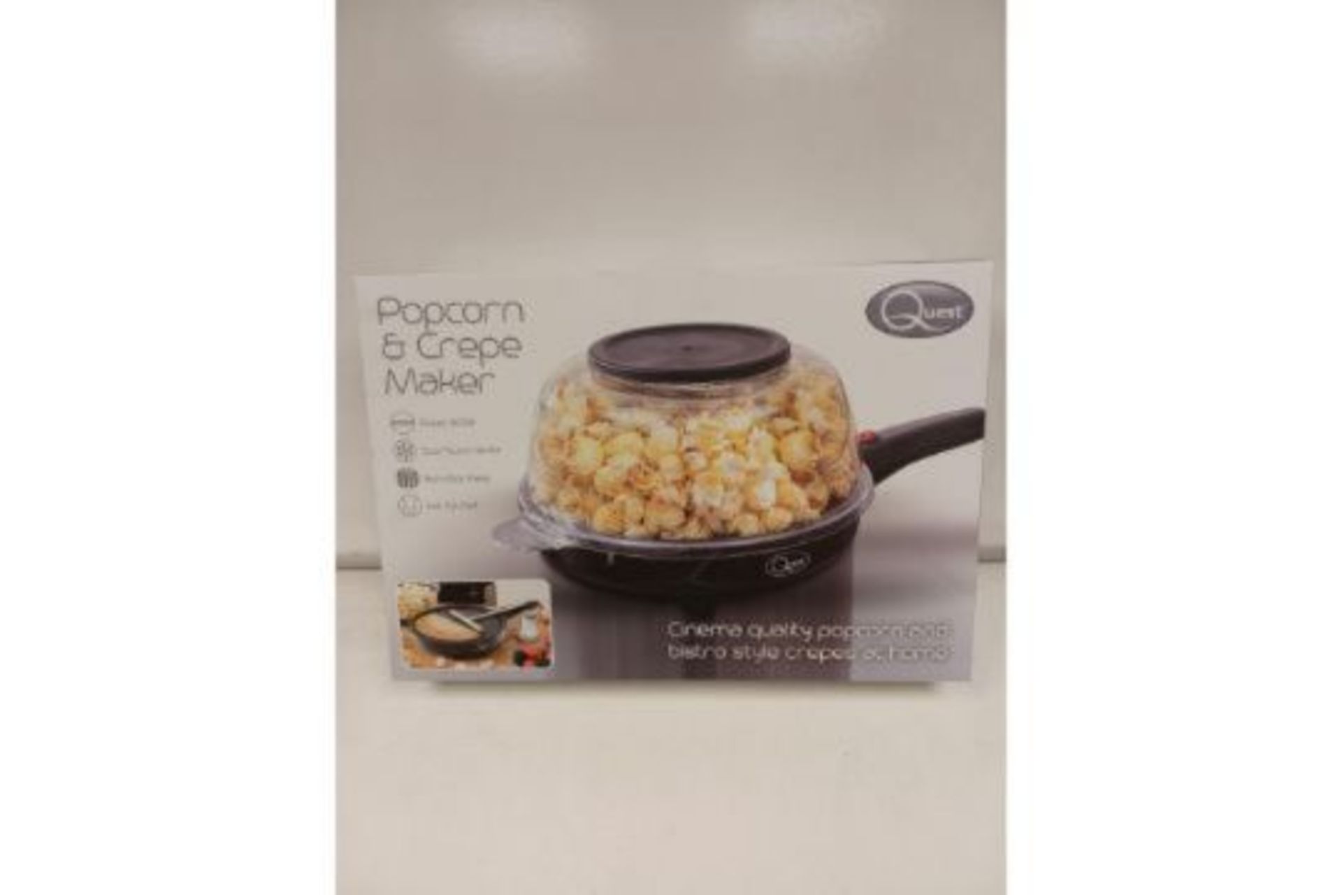 NEW BOXED QUEST POPCORN & CREPE MAKERS. 800W. COOL TOUCH HANDLE. NON-STICK PLATES, ANTI SLIP FEET.