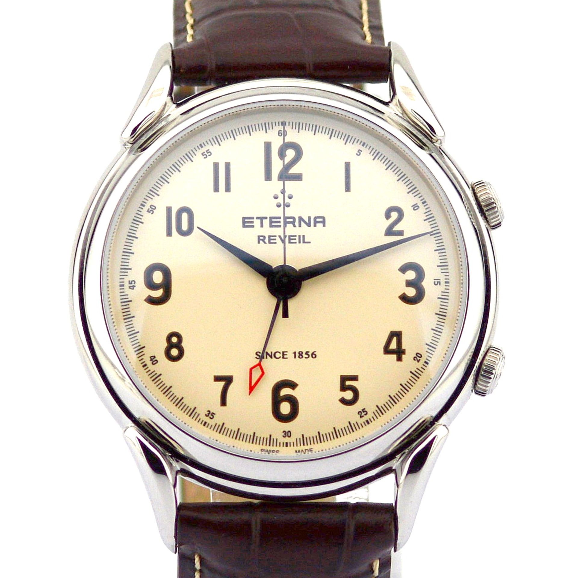 Eterna / Reveil Alarm - Brown Strap - Gentlmen's Steel Wrist Watch