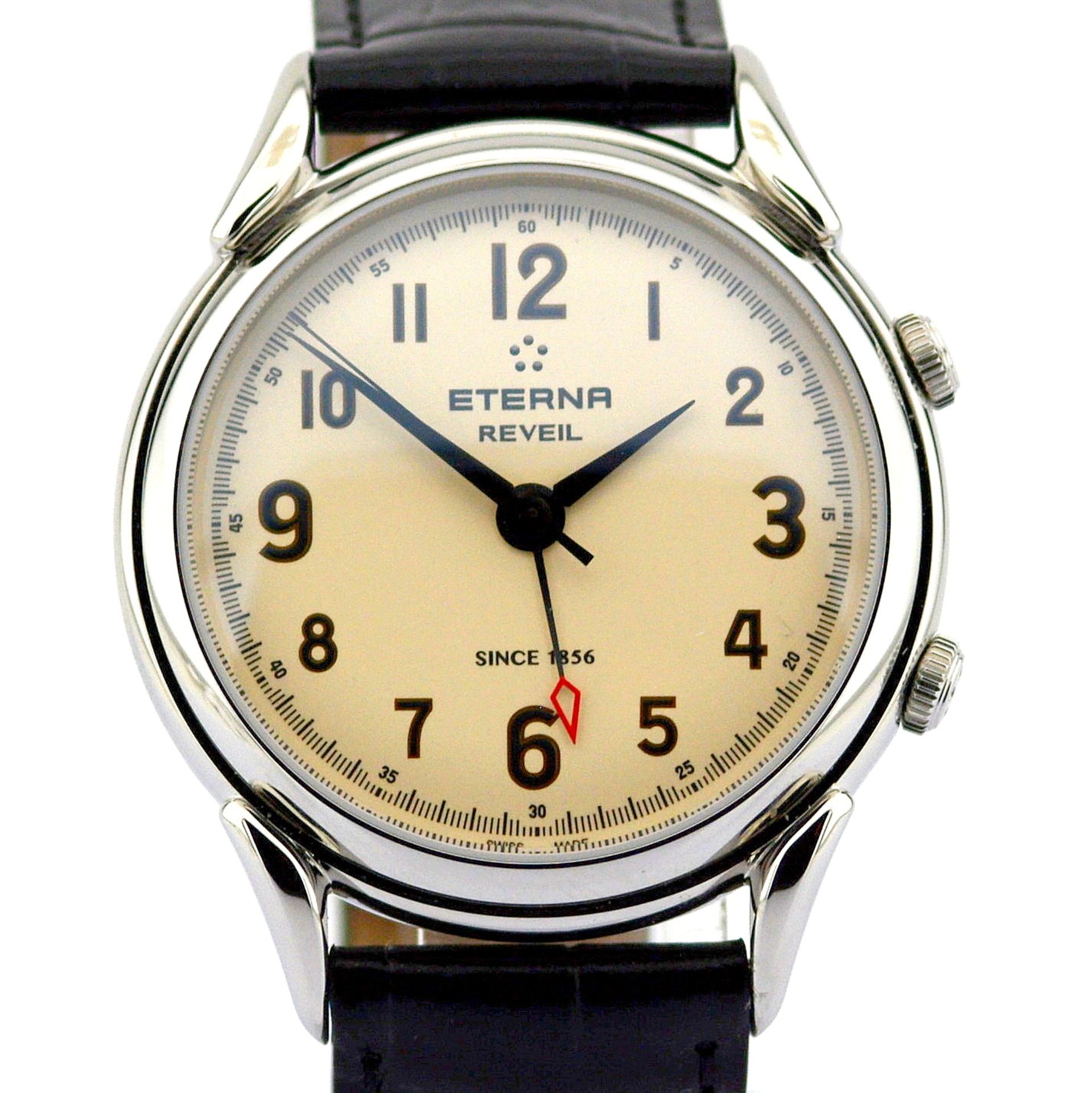 Eterna / Reveil Alarm - Black Strap - Gentlmen's Steel Wrist Watch