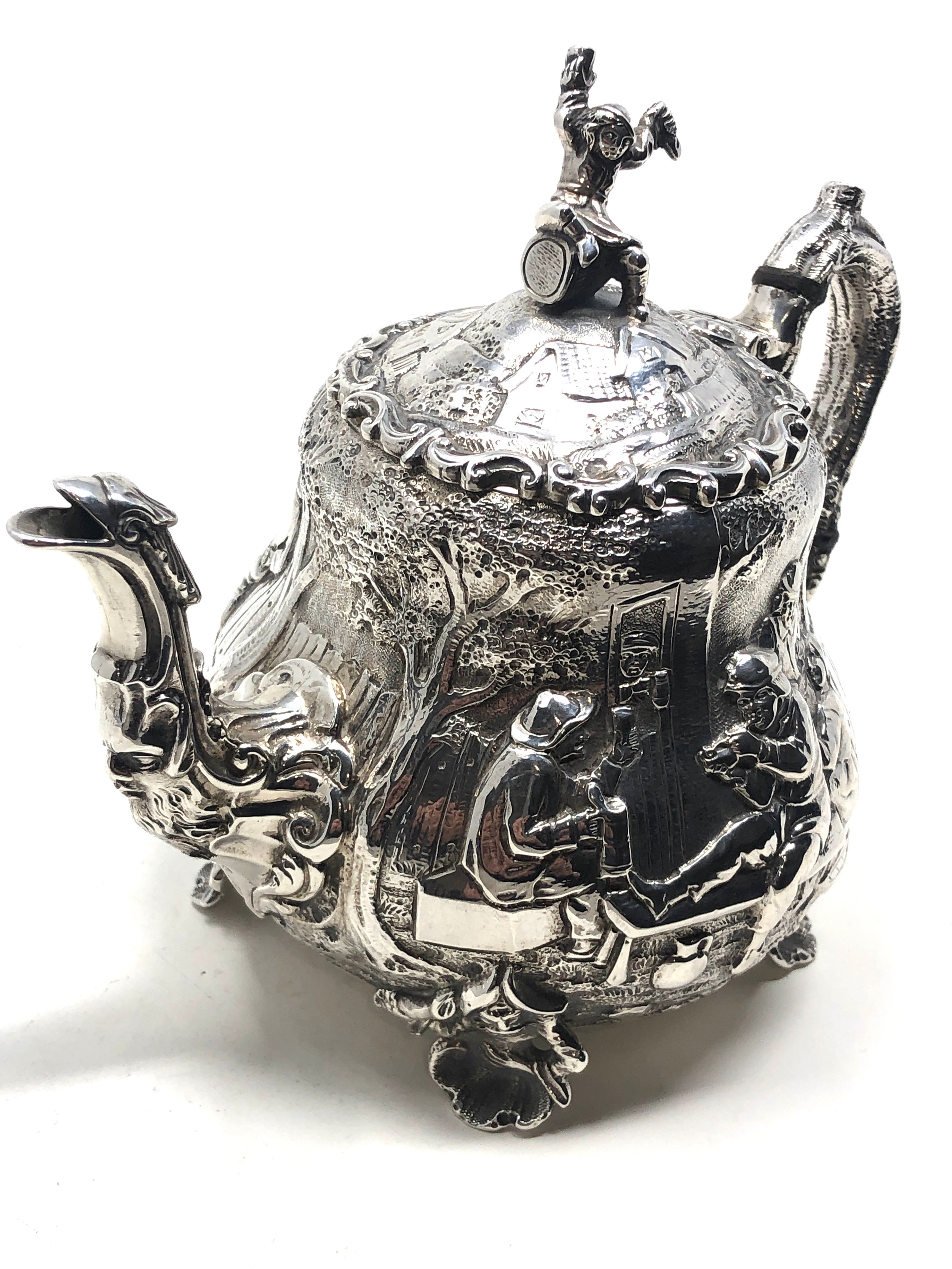 Fine Antique Victorian silver bachelor teapot either side with scenes after "Tennier" London - Image 4 of 8