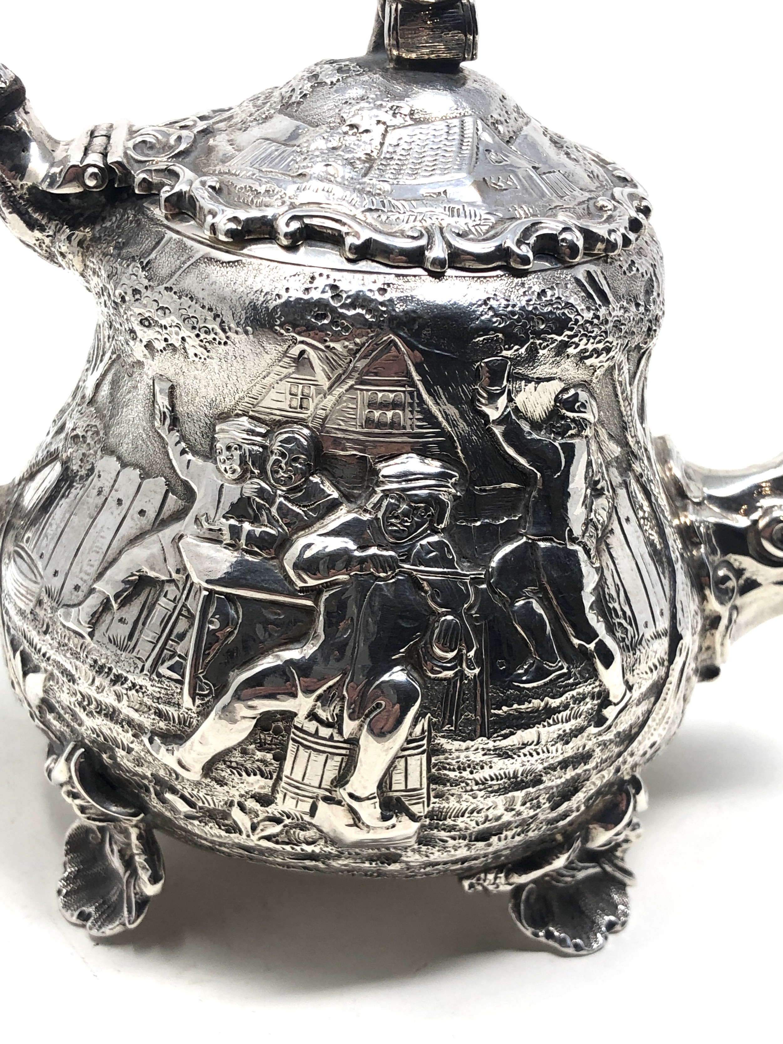 Fine Antique Victorian silver bachelor teapot either side with scenes after "Tennier" London - Image 6 of 8